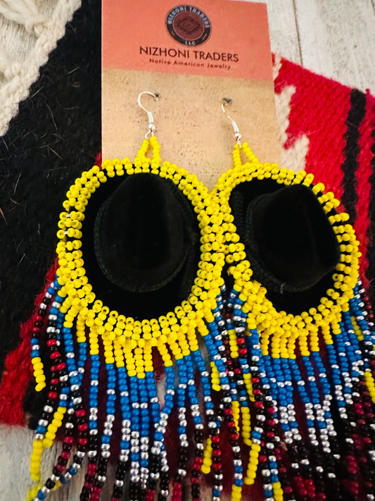 Handcrafted Beaded Cowboy Hat Dangle Earrings- yellow
