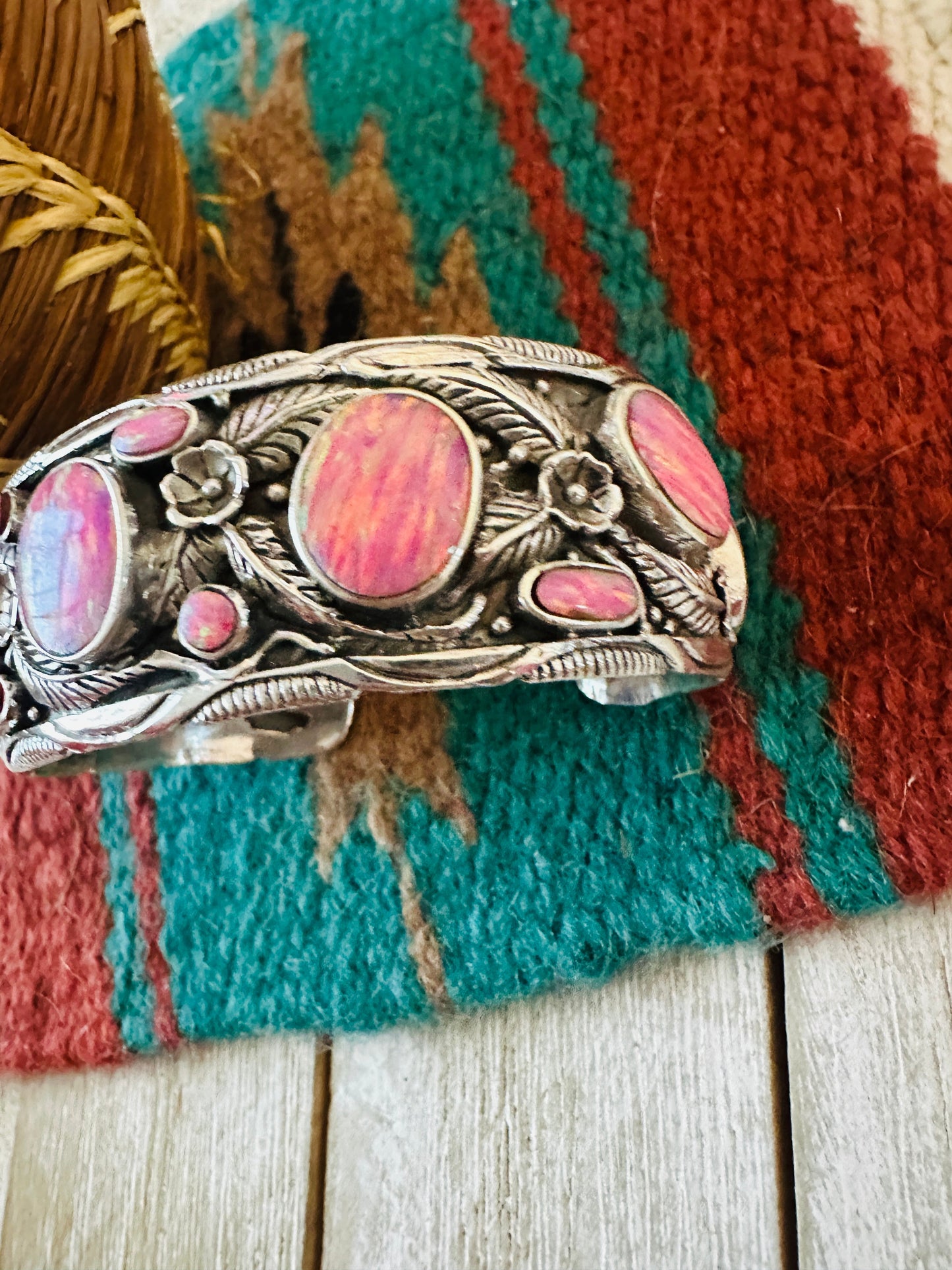 Handmade Sterling Silver Synthetic Opal Cuff Bracelet with Signed Nizhoni