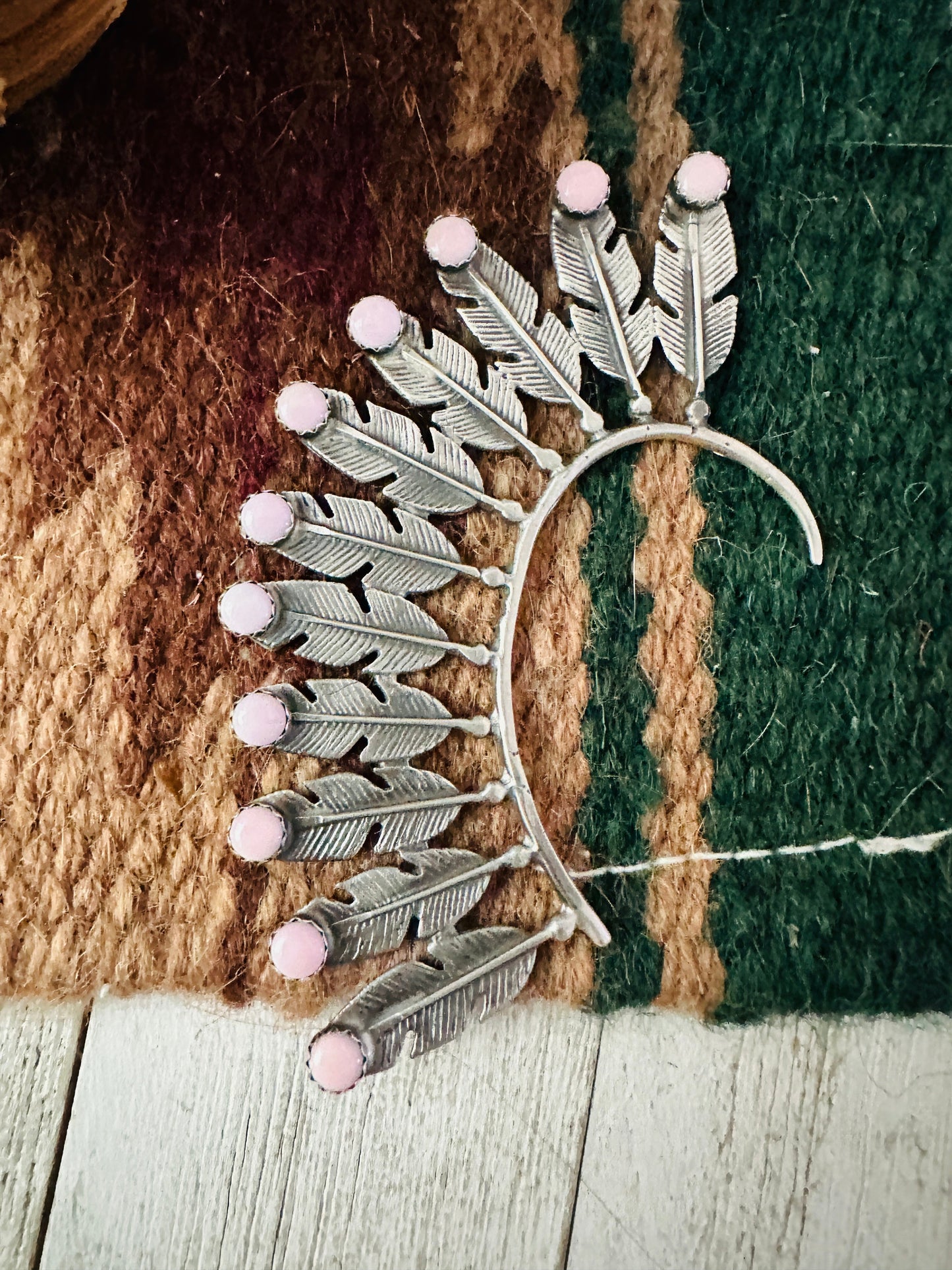 Handcrafted Queen Pink Conch & Sterling Silver Feather Cuff Earring