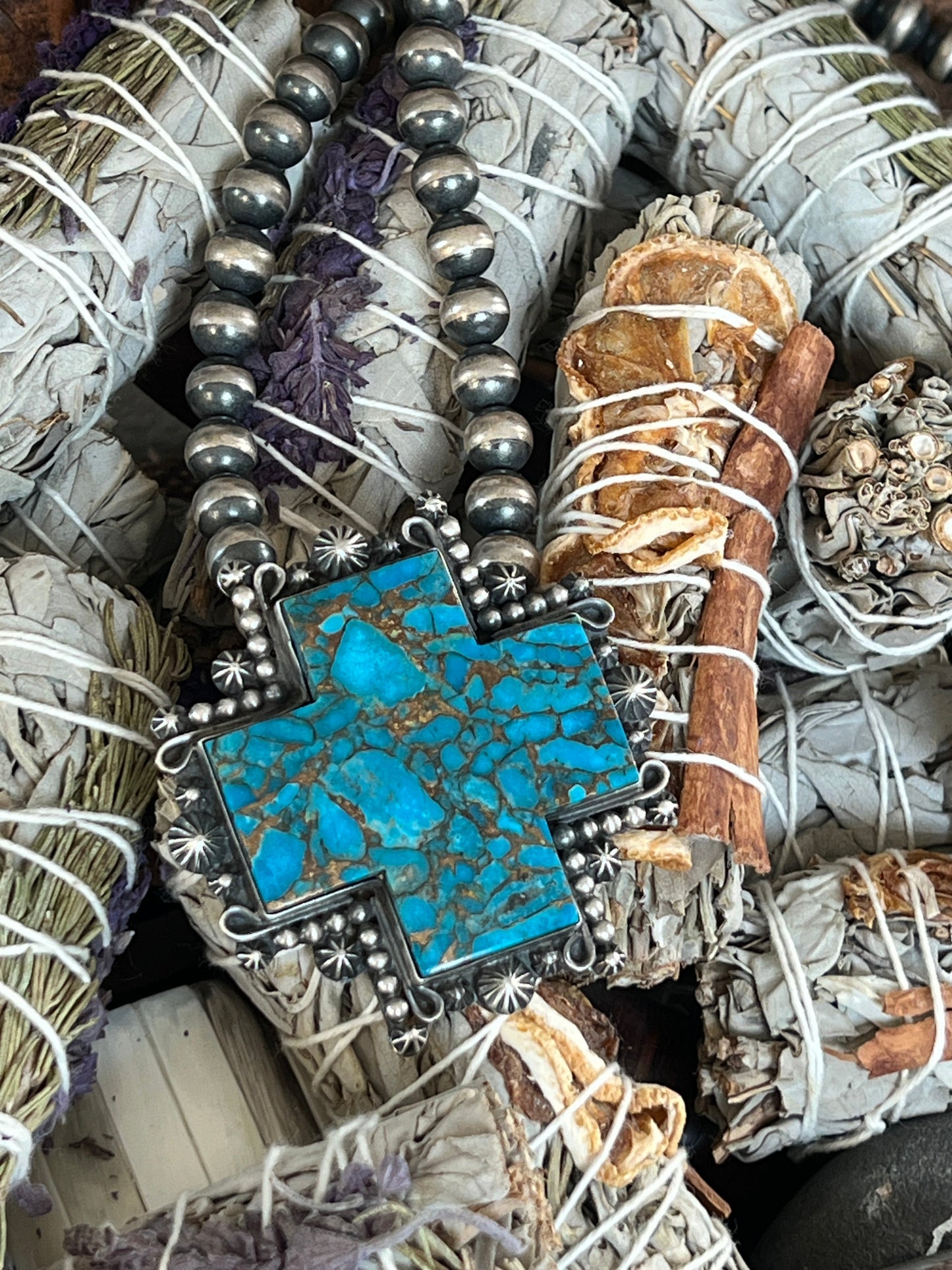 Rosella Paxson Blue Mohave Shepherd Hook Santa Fe Cross Pendant