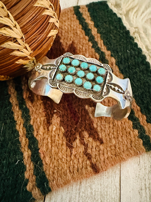 Turquoise & Sterling Silver 3 Row Cluster Cuff Bracelet /