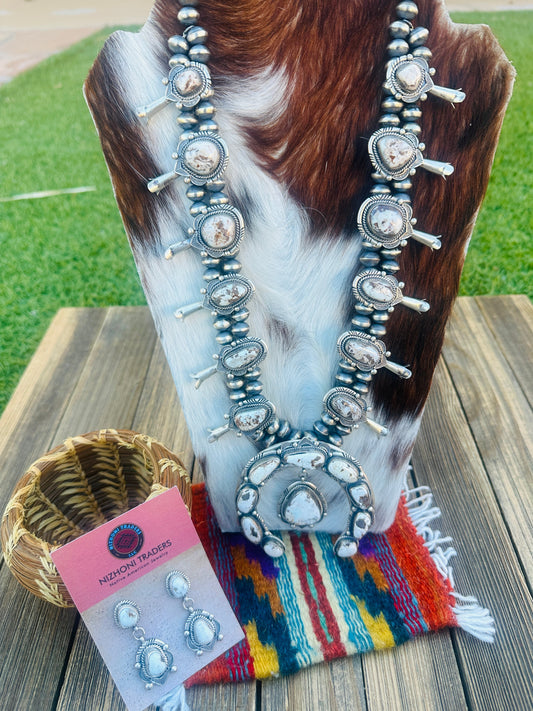 Handcrafted Dry Creek Turquoise & Sterling Silver Squash Blossom Necklace and Earring Set