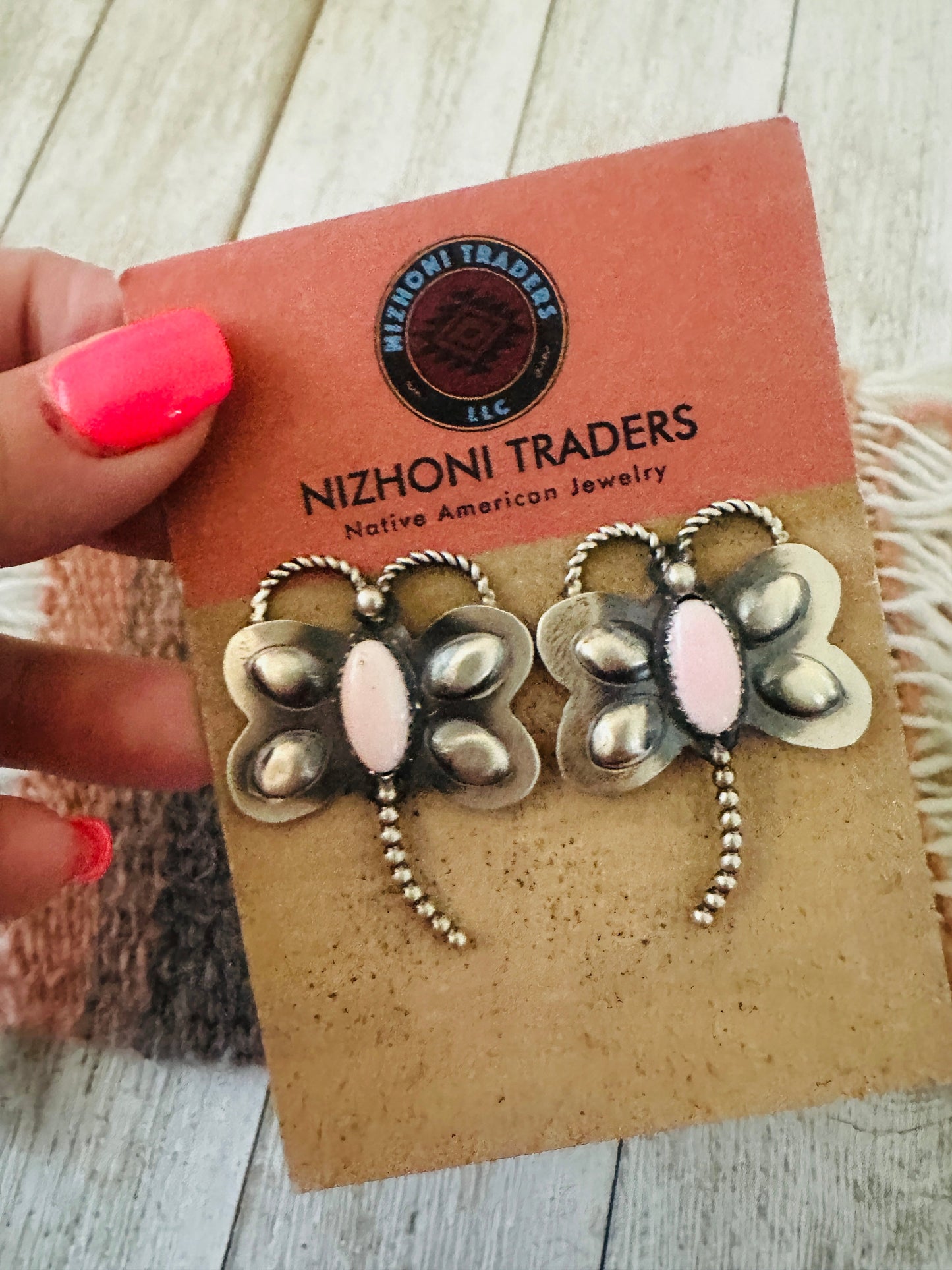 Handcrafted Queen Pink Conch & Sterling Silver Dragonfly Post Earrings