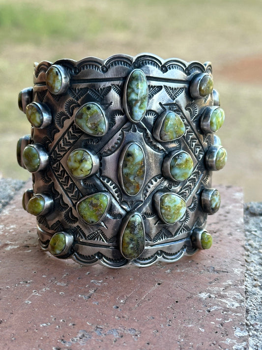 Larry James Palomino Turquoise & Sterling Silver Cluster Cuff Bracelet /