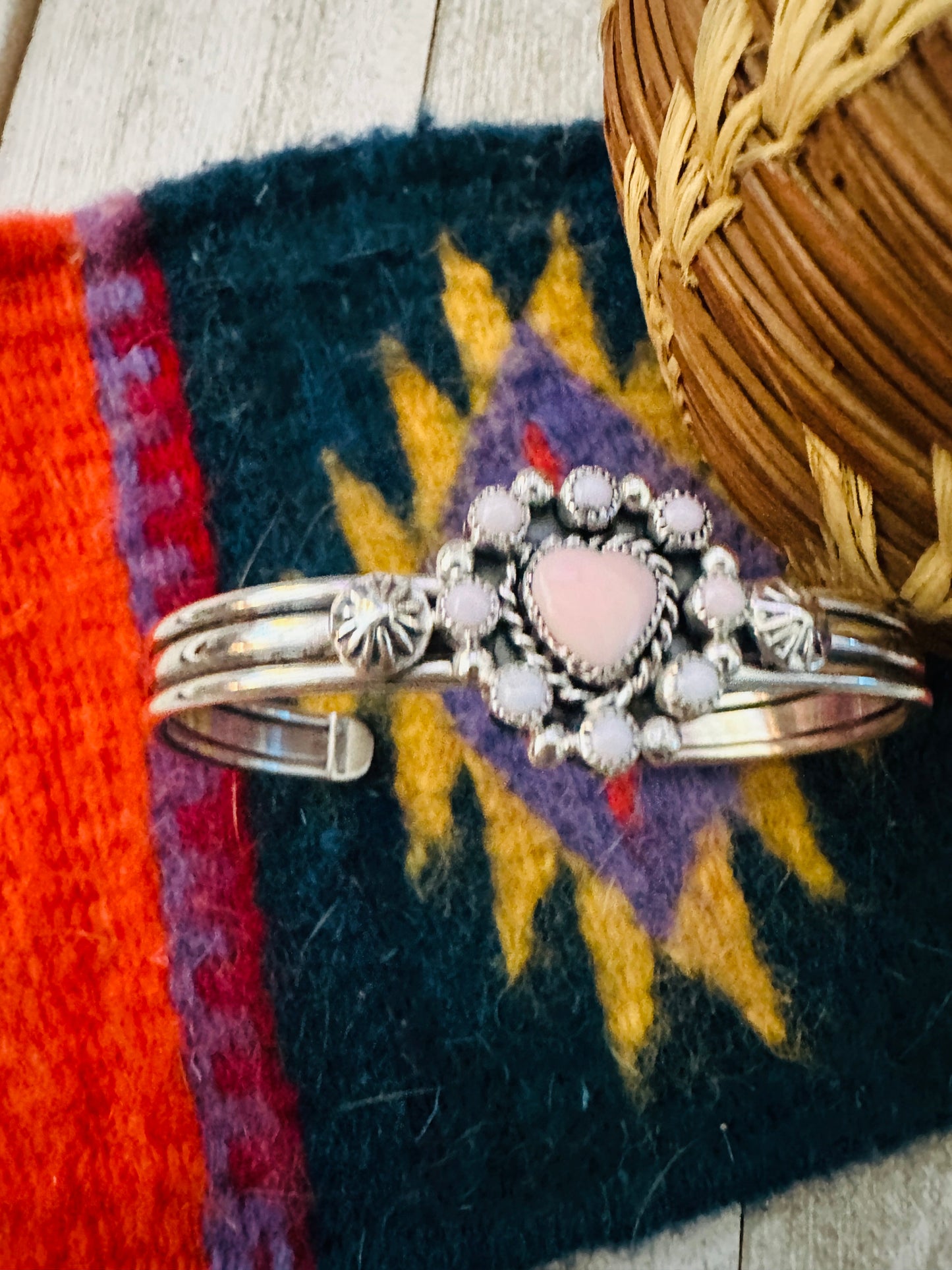 Handcrafted Queen Pink Conch Shell & Sterling Silver Heart Cuff Bracelet