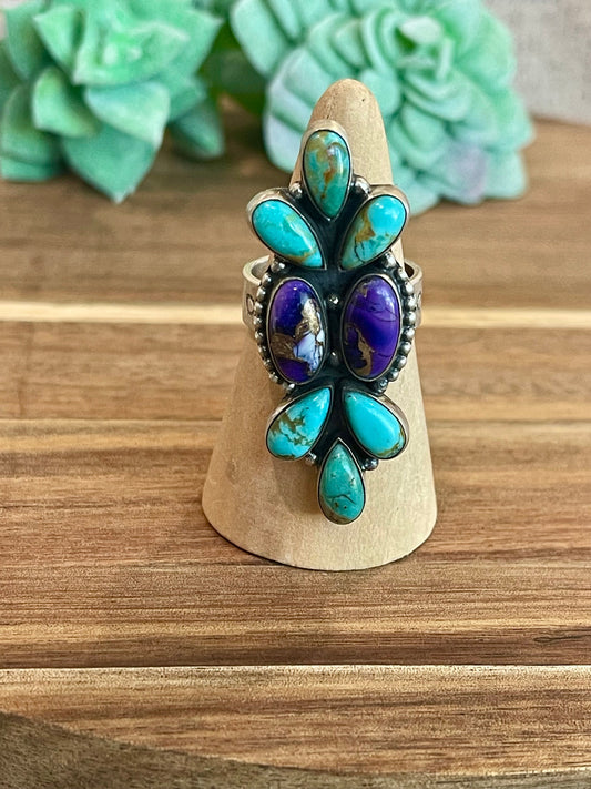 Beautiful Handmade Turquoise, Violet Frost And Sterling Silver Adjustable Ring