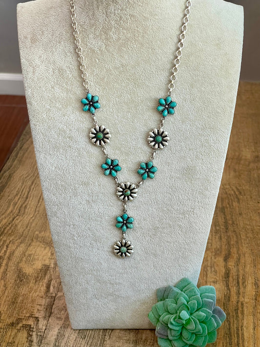 Handmade Sterling Silver & Turquoise Flower Lariat Necklace