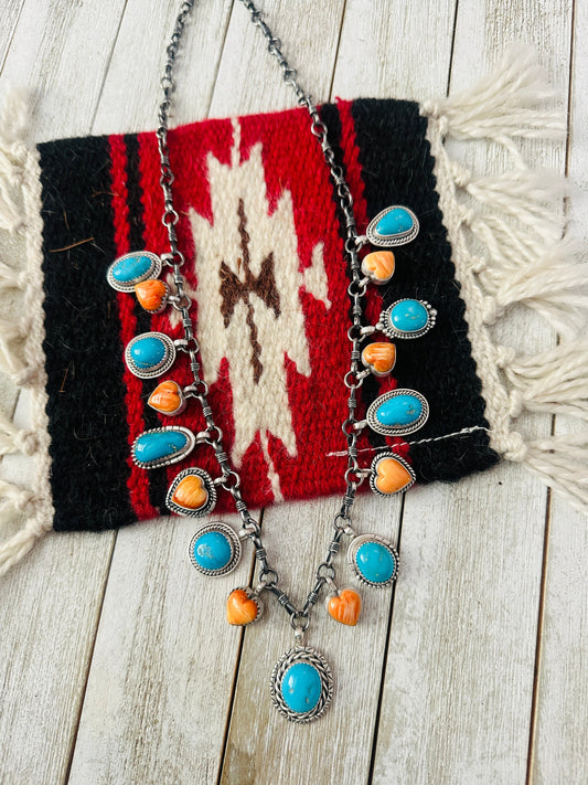 Handcrafted Sterling Silver, Turquoise & Spiny Heart Necklace, Signed RY