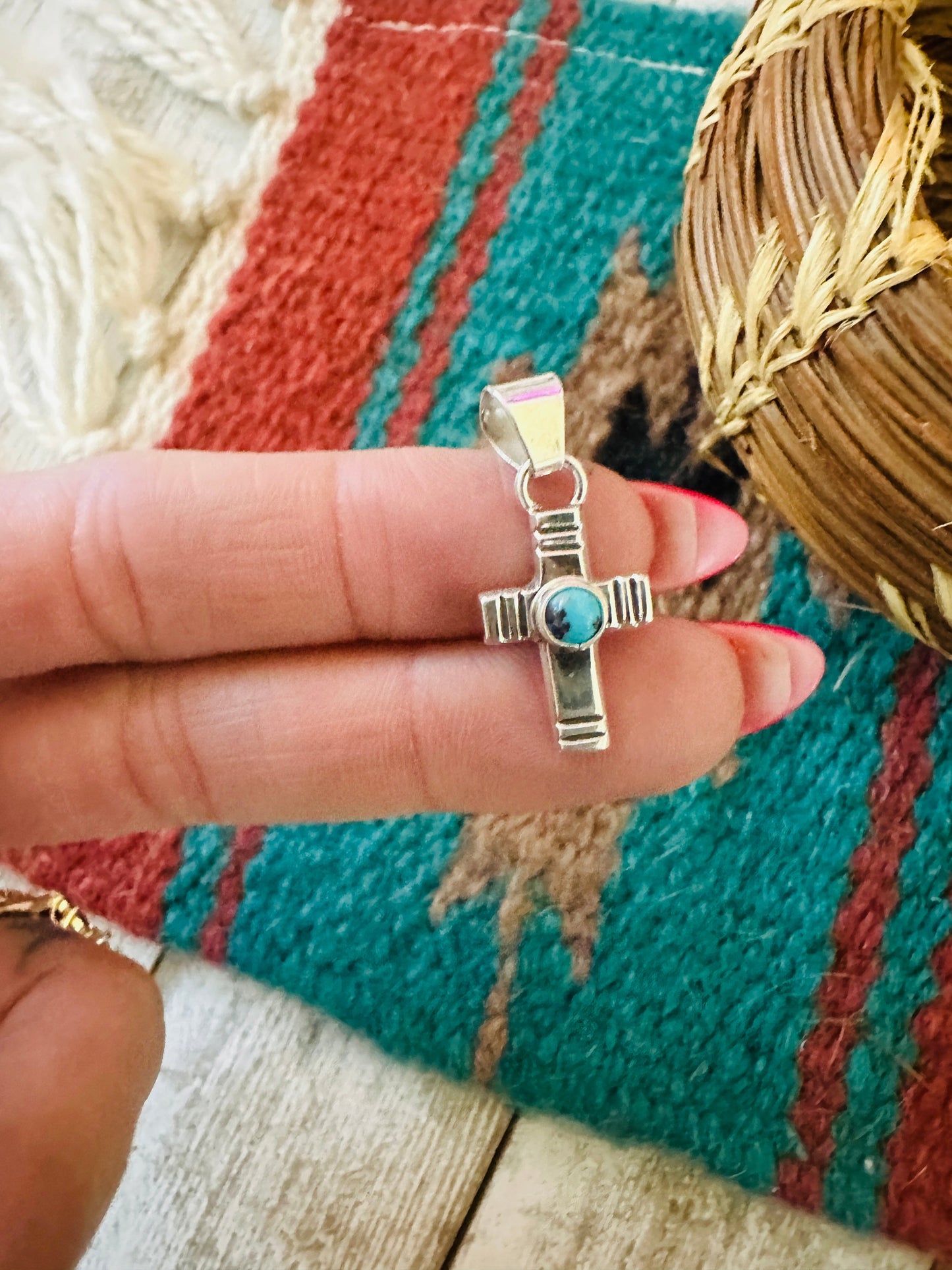 Handcrafted Turquoise & Sterling Silver Mini Cross Pendant
