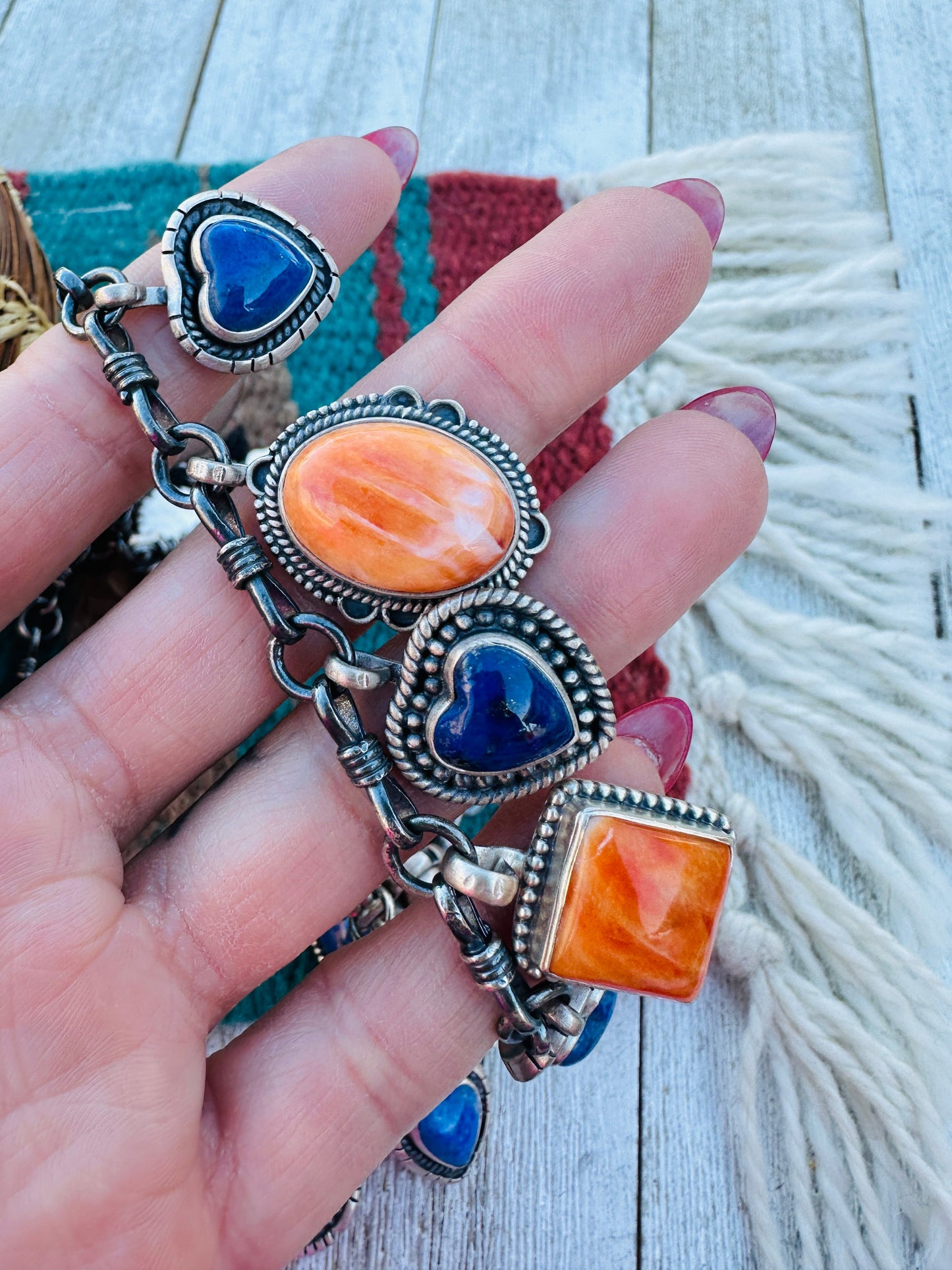 Handcrafted Orange Spiny, Lapis & Sterling Silver Heart Necklace