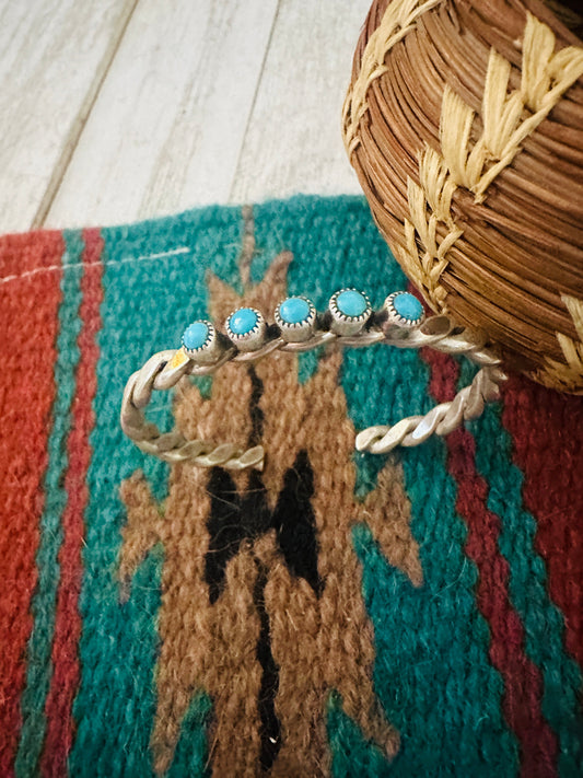 Handcrafted Twisted Sterling Silver & 5 Stone Turquoise Cuff Bracelet