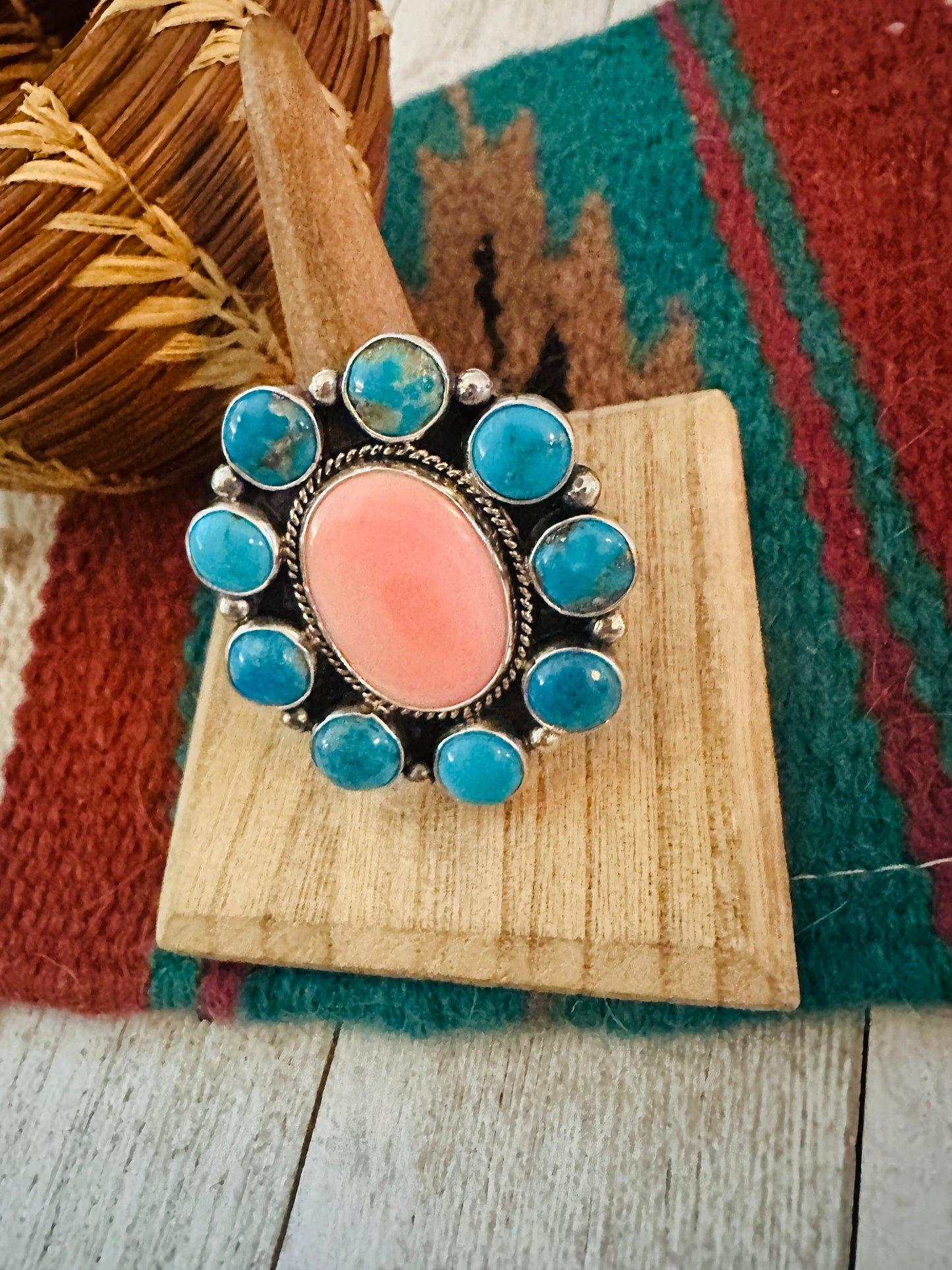 Handcrafted Sterling Silver, Queen Pink Conch & Turquoise Cluster Adjustable Ring