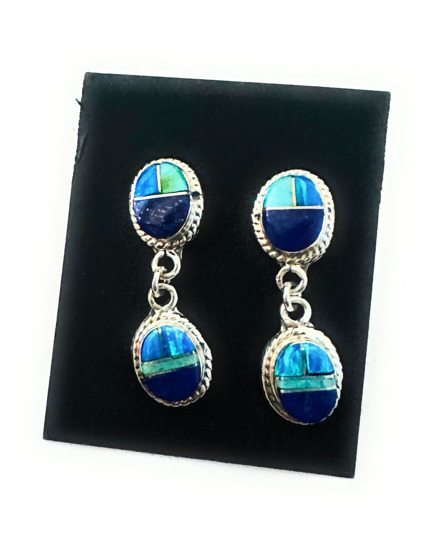 Handcrafted Sterling Silver & Multi Stone Inlay Dangle Earrings