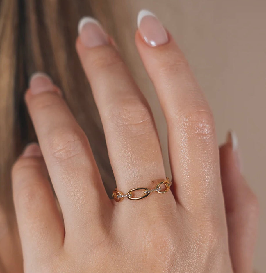 14K Gold Sterling Silver CZ Open Chain Link Ring