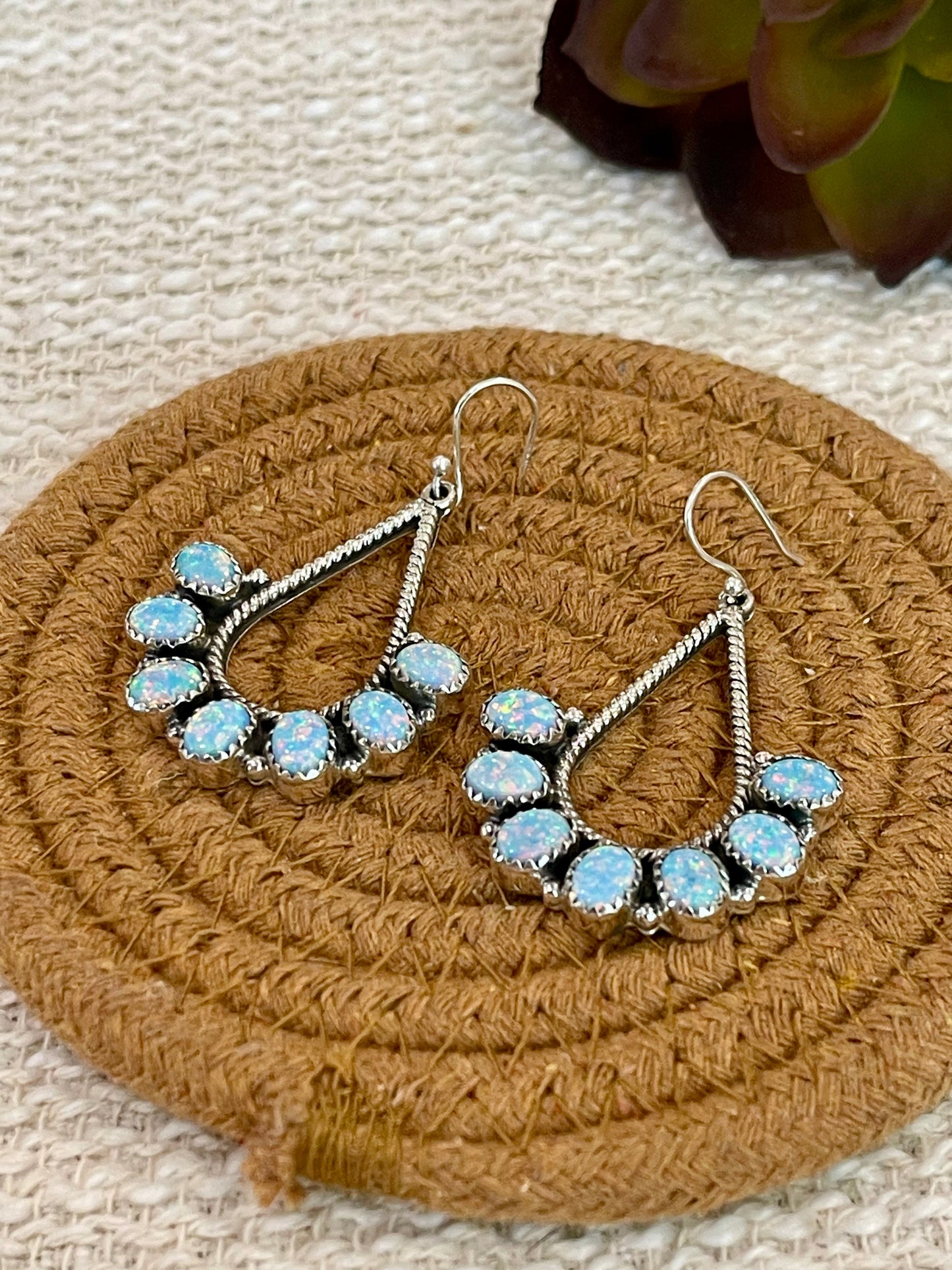 Handmade Light Blue Fire Opal & Sterling Silver Dangle Earrings