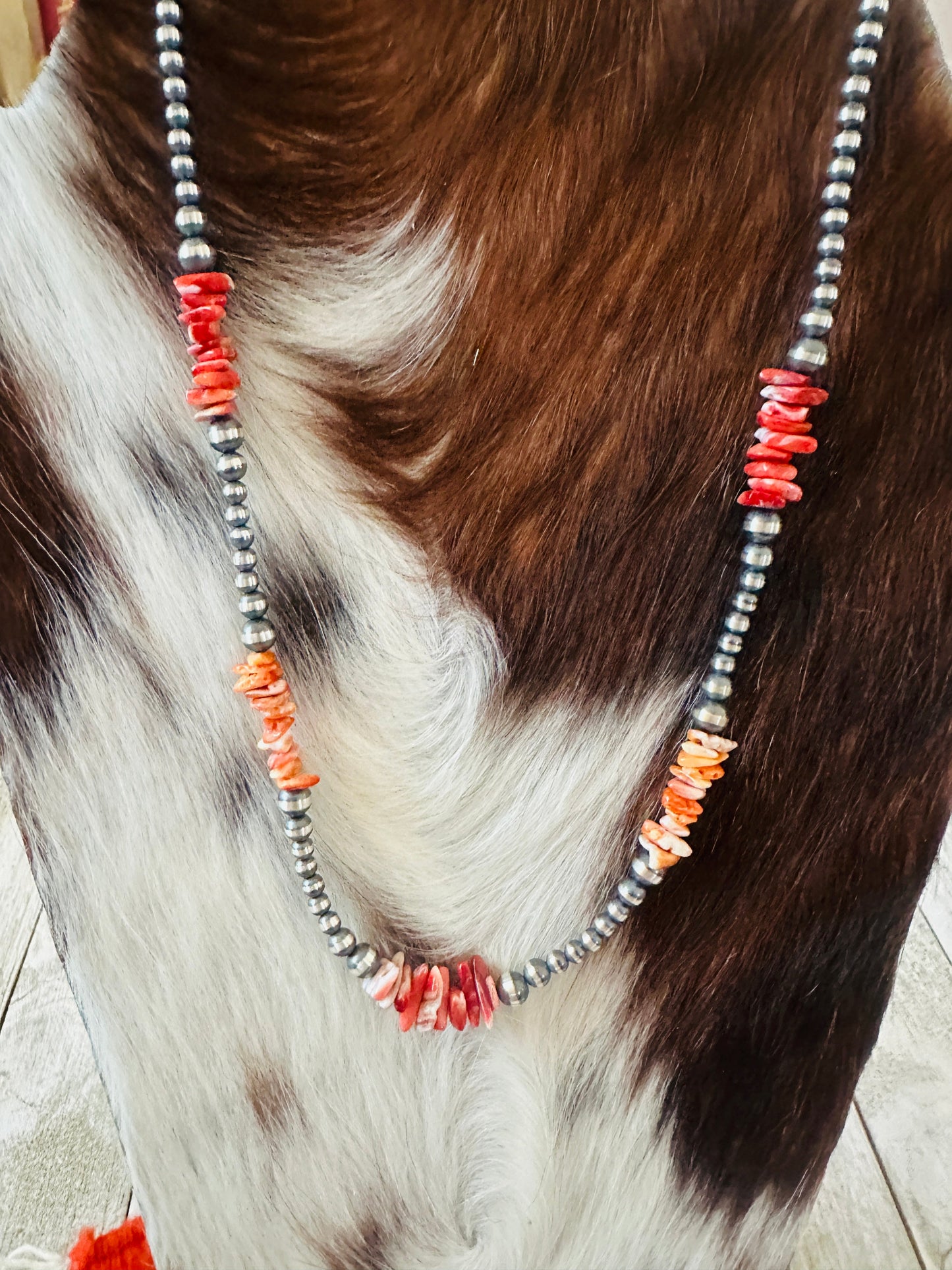 Handcrafted Sterling Silver & Spiny Oyster Beaded 20” Necklace