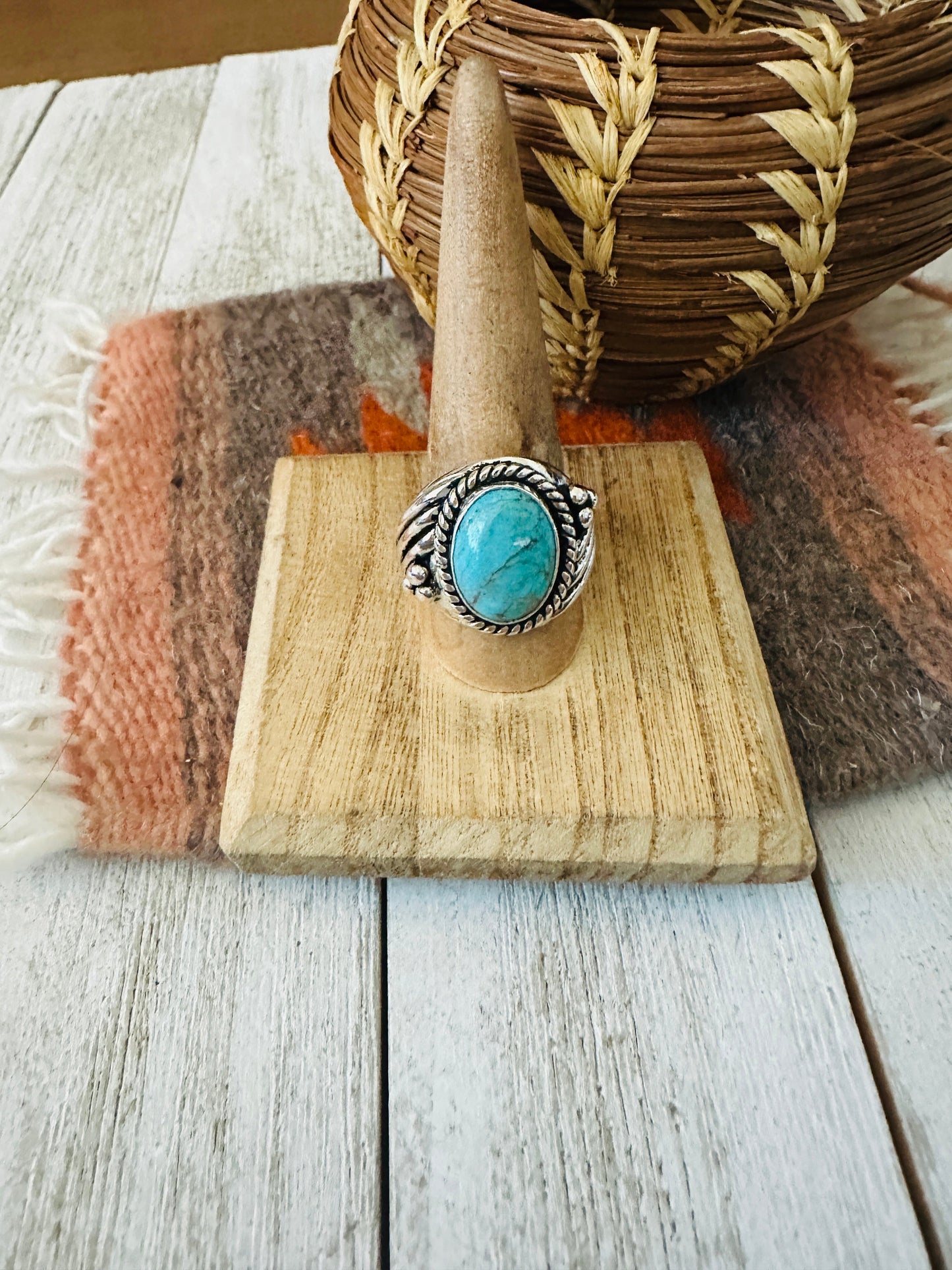 Navajo Kingman Turquoise & Sterling Silver Ring Size 9.5