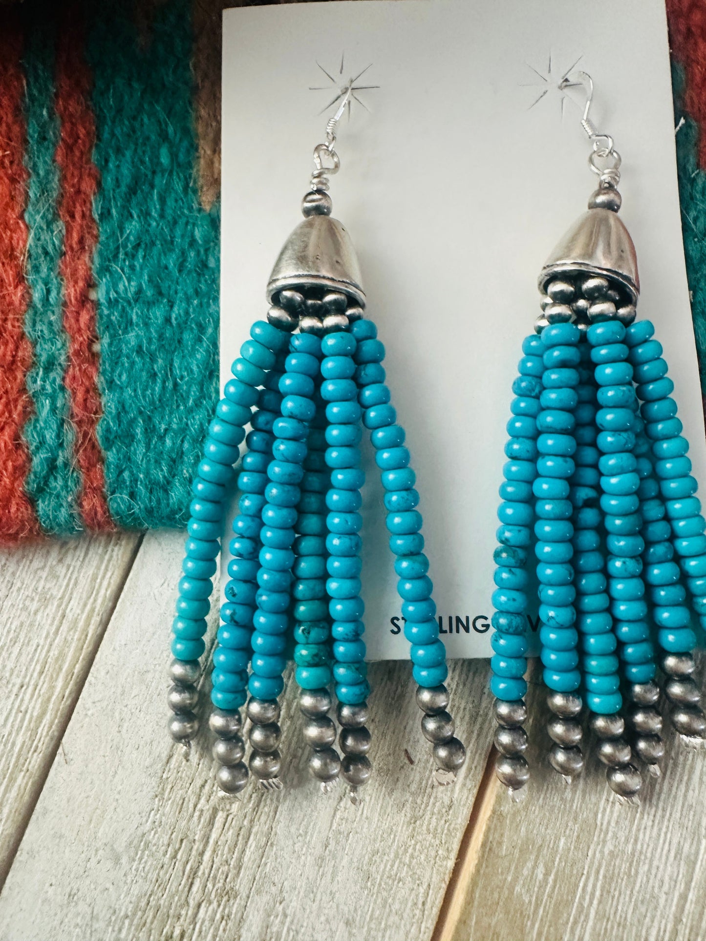Handcrafted Darker Turquoise & Sterling Silver Pearl Beaded Tassel Dangle Earrings