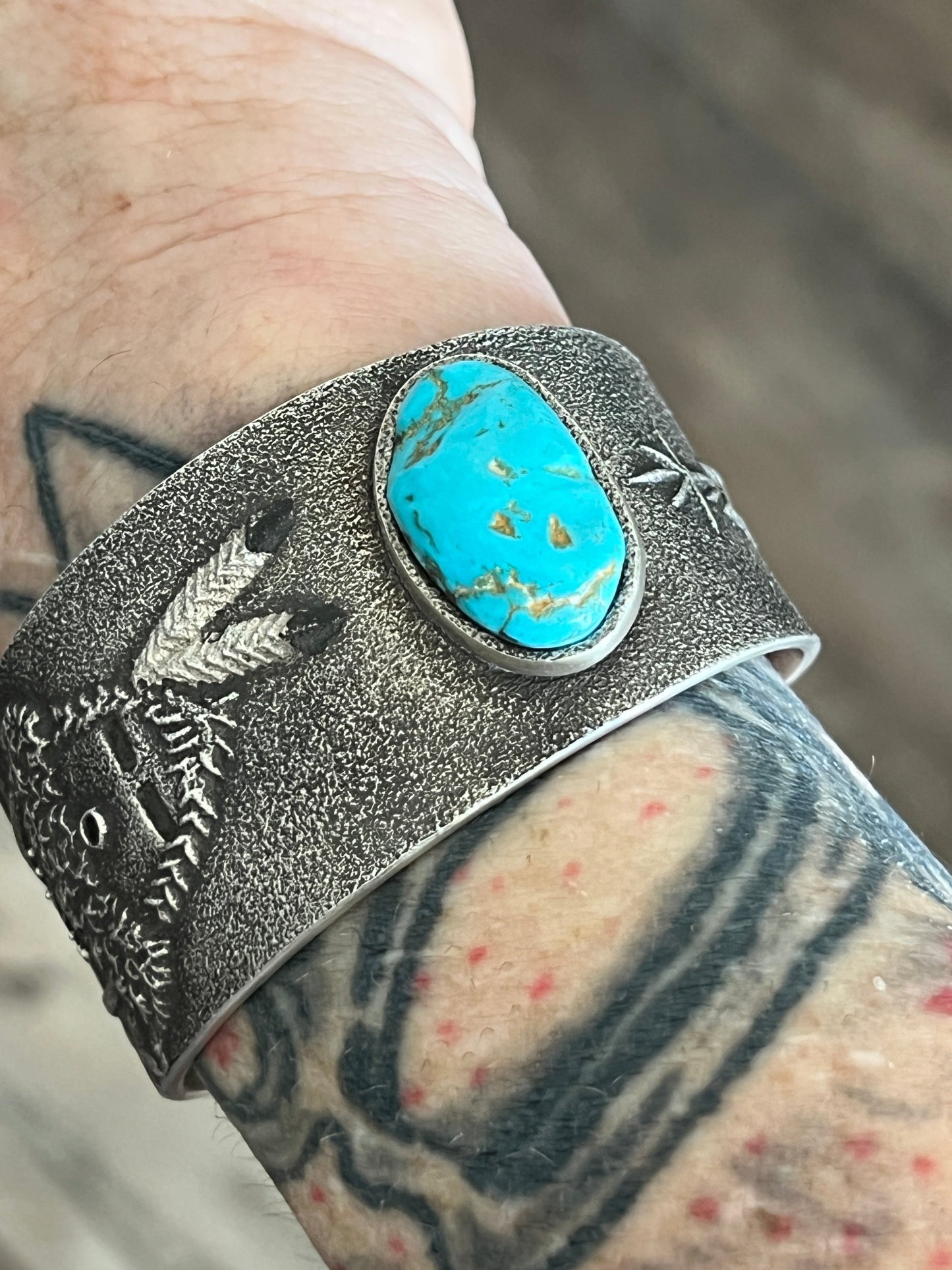 Handcrafted Tufa Cast Sterling Mudhead Cuff Bracelet with Kingman Turquoise by Lee Begay