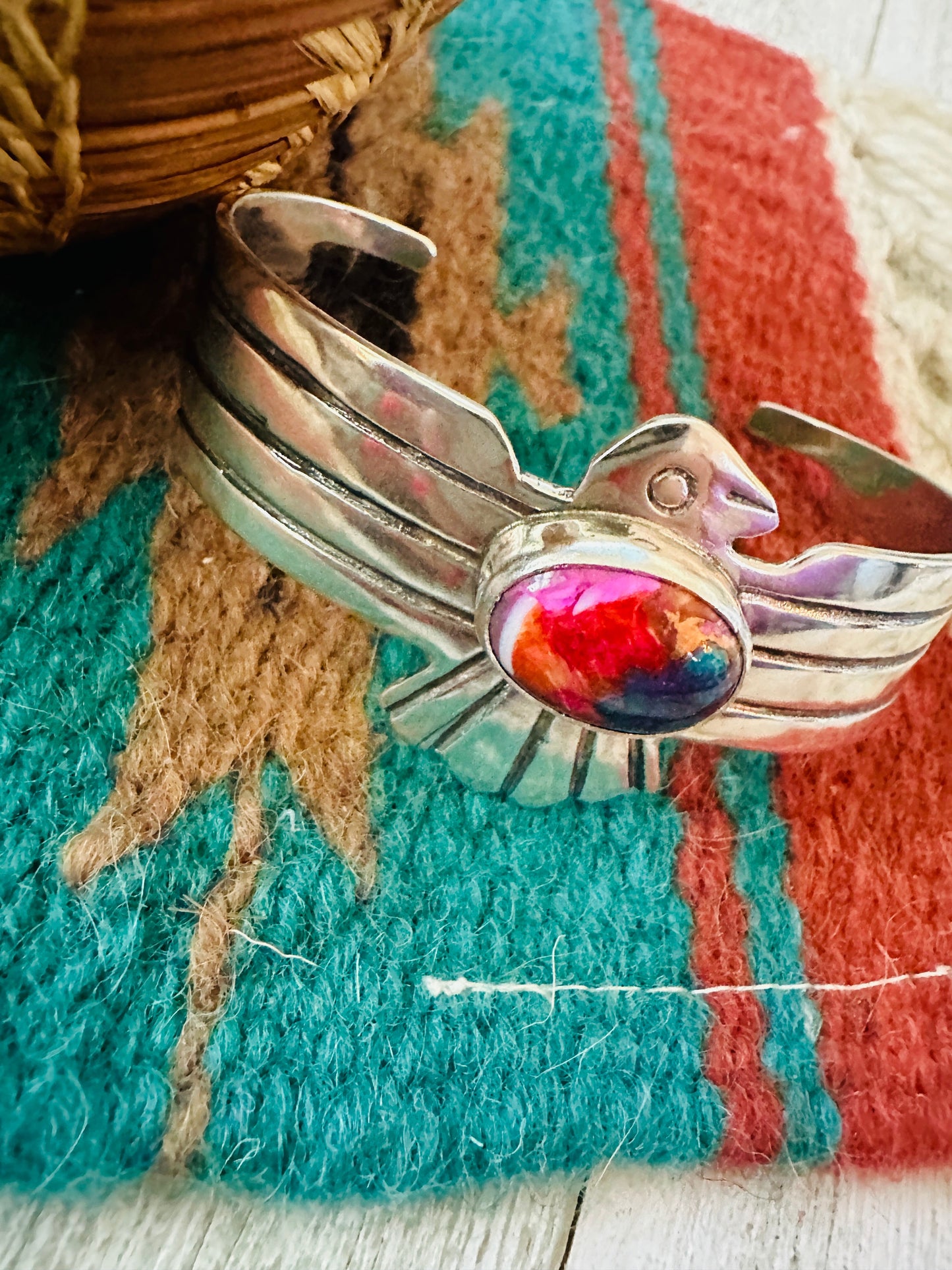 Handcrafted Pink Dream Mojave & Sterling Silver Thunderbird Cuff Bracelet
