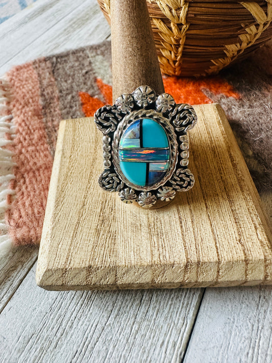 Handcrafted Sterling Silver & Multi Stone Inlay Ring Size 10