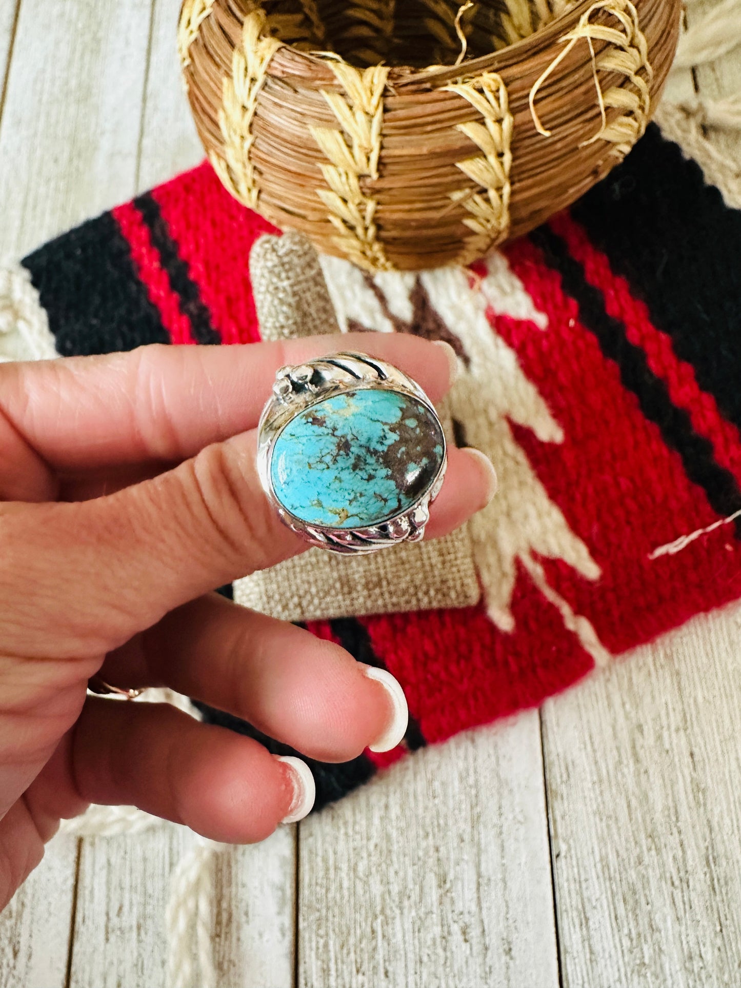 Handcrafted Turquoise & Sterling Silver Cigar Band Ring Size 9.5