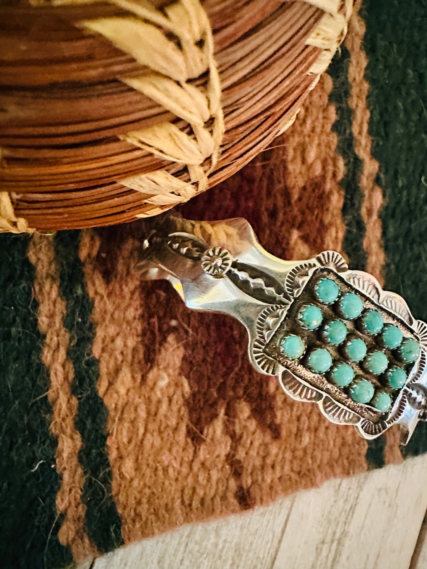Turquoise & Sterling Silver 3 Row Cluster Cuff Bracelet /