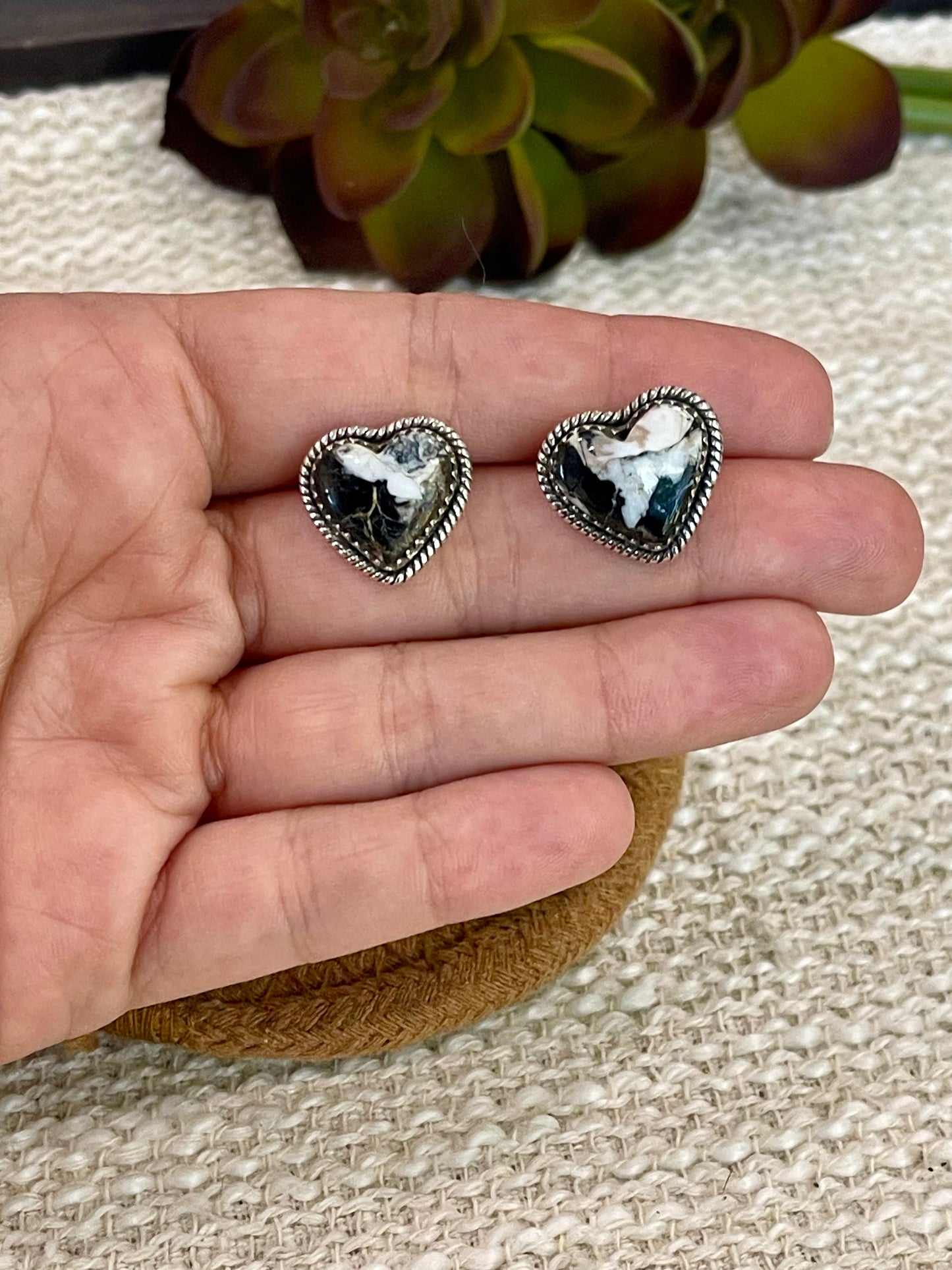 Handmade Sterling Silver White Buffalo Turquoise Heart Post Earrings with Signed Nizhoni