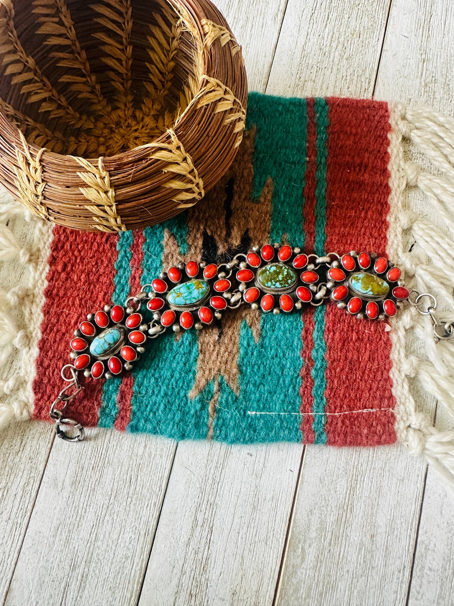 Handcrafted Coral, Turquoise & Sterling Silver Link Bracelet