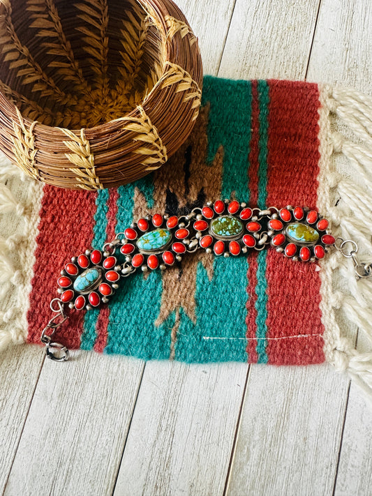 Handcrafted Coral, Turquoise & Sterling Silver Link Bracelet