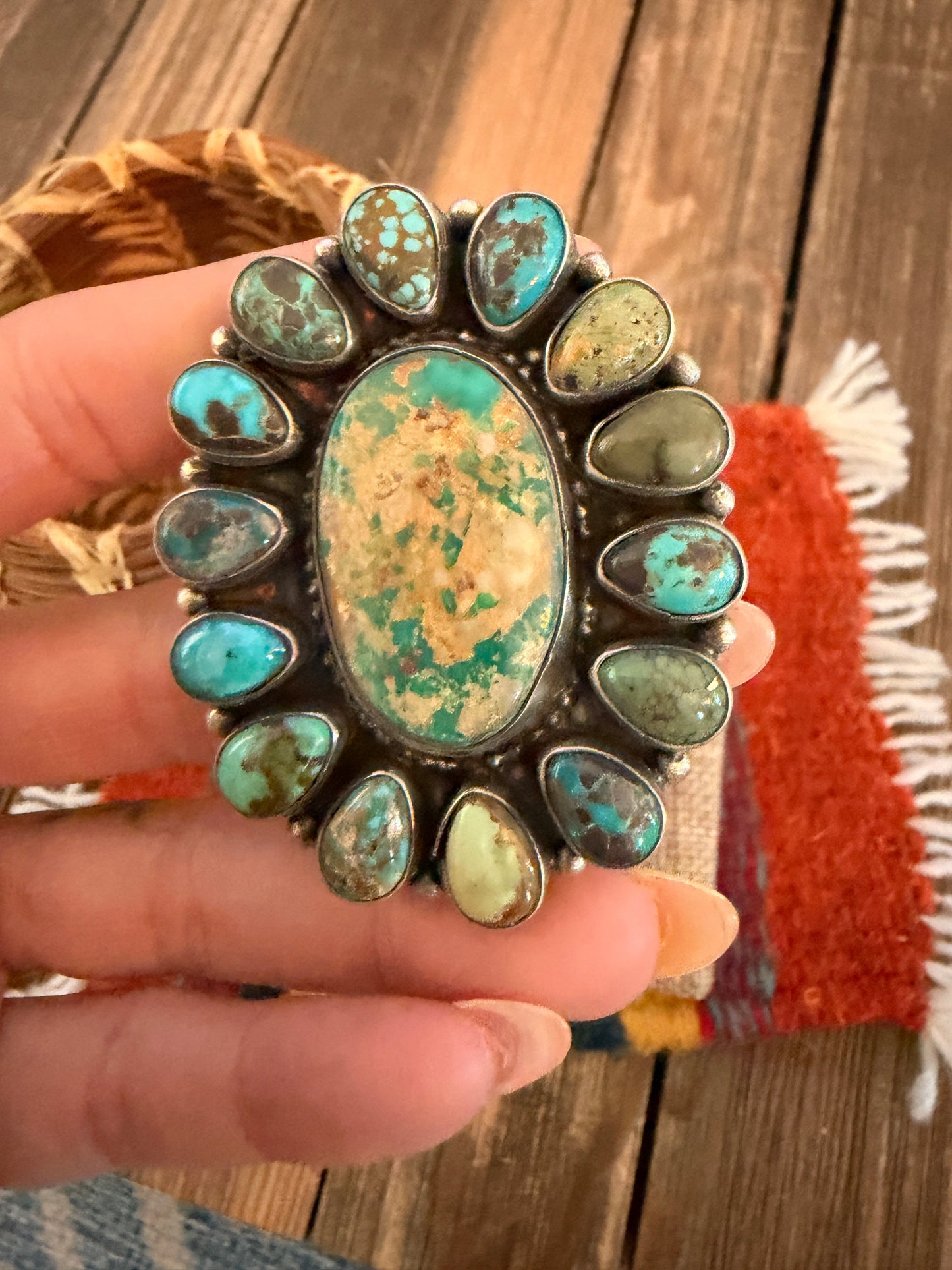 Handcrafted Royston Turquoise & Sterling Silver Cluster Ring Size 6 Sheila Becenti