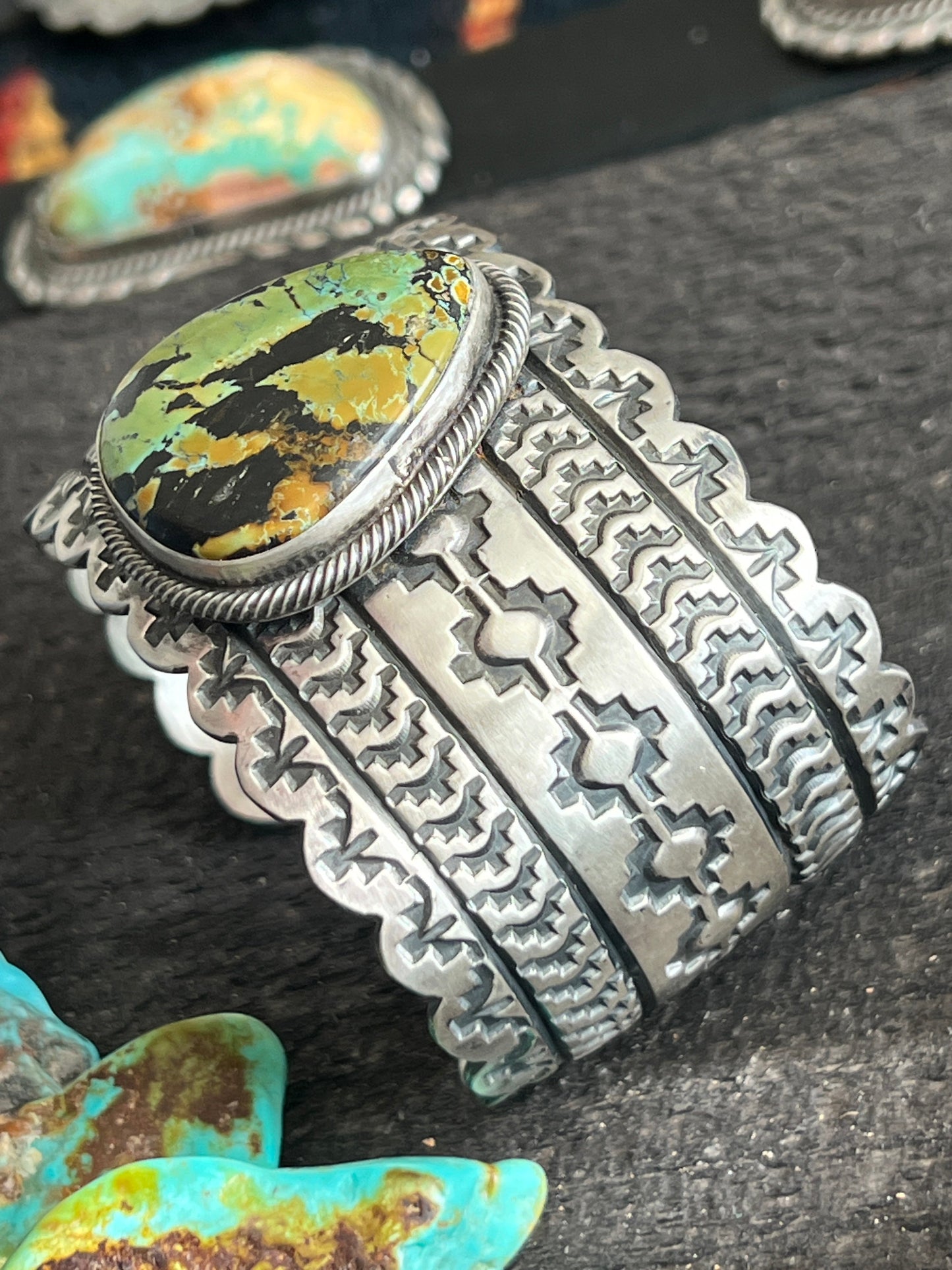 Handcrafted Hand Stamped Sterling Silver and Blackjack Turquoise Cuff Bracelet by Randy Boyd