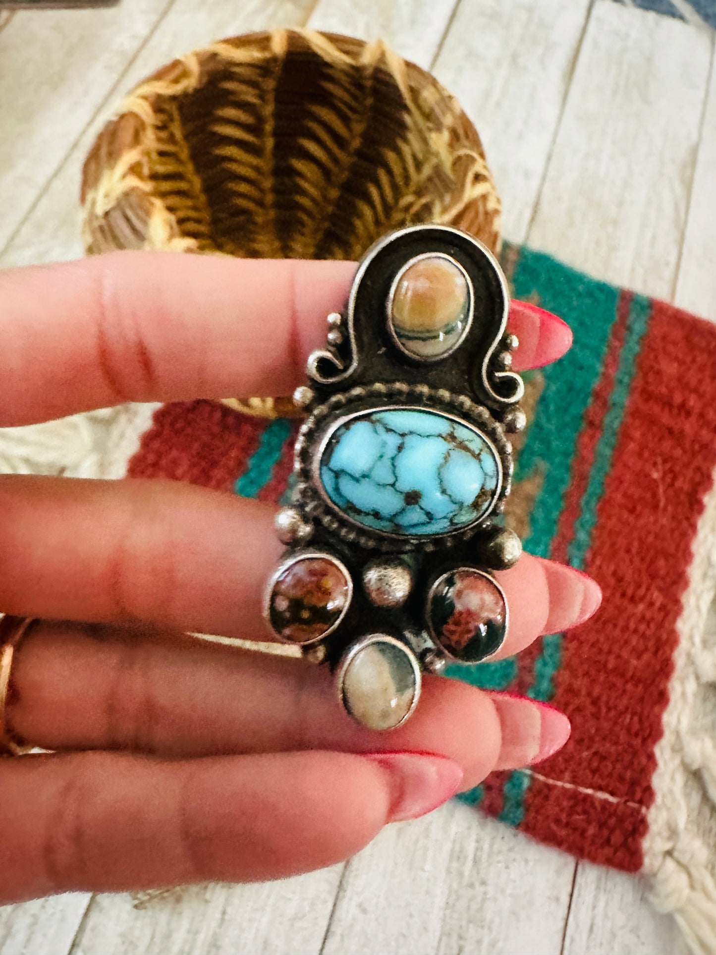 Handcrafted Old Pawn Sterling Silver & Multi Stone Ring Size 8.5