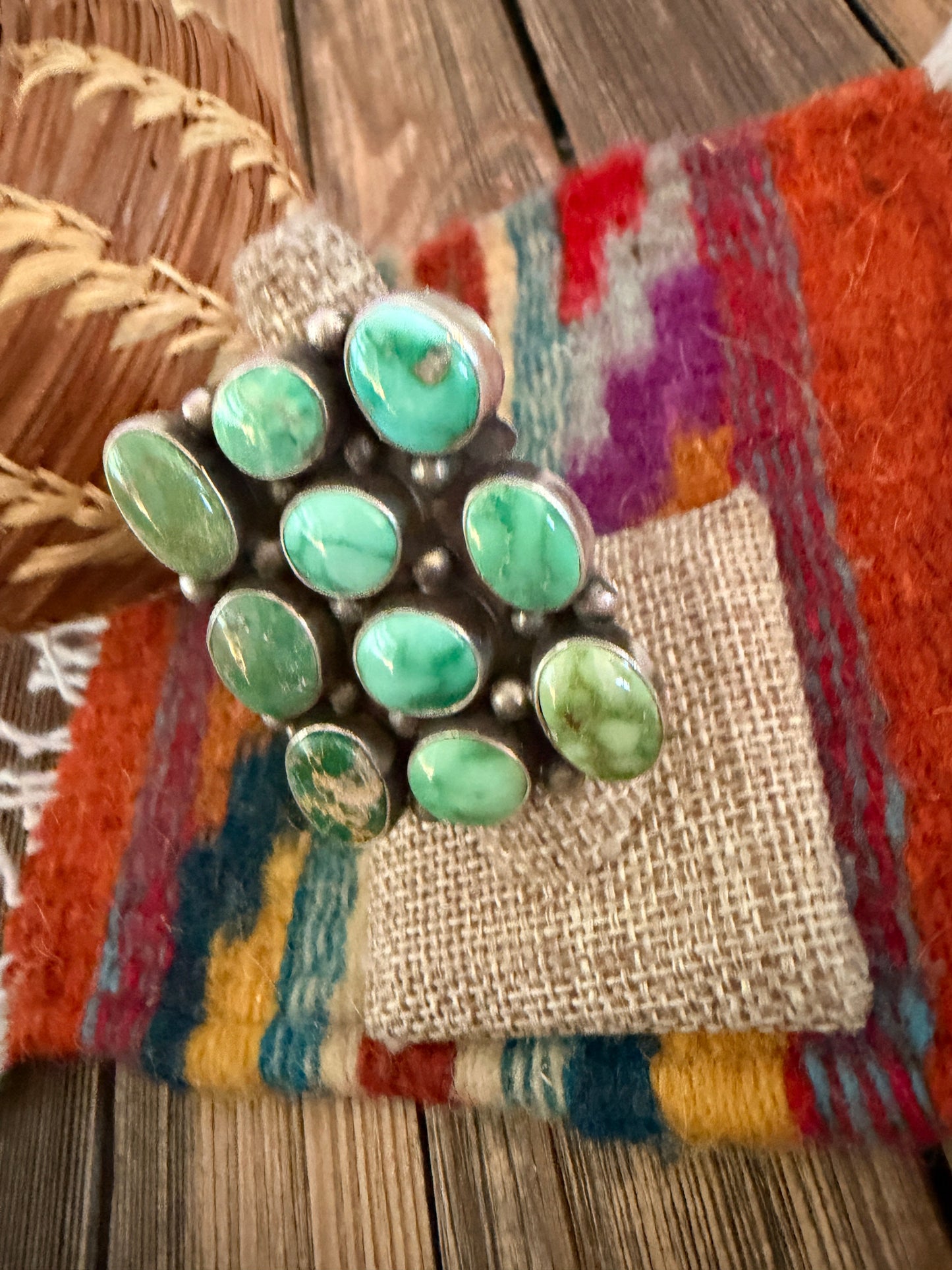 Handcrafted Sonoran Mountain Turquoise & Sterling Silver Cluster Ring Size 8 Sheila Becenti