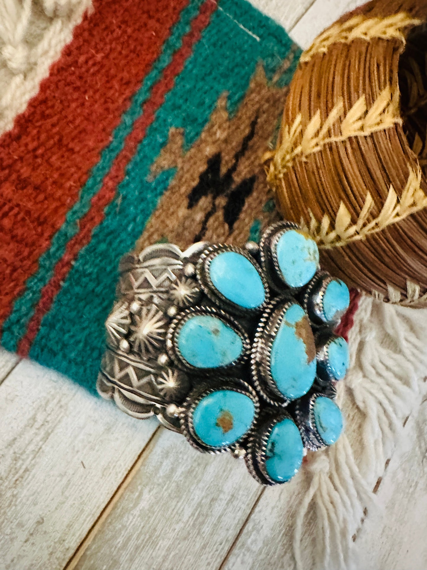 Kingman Turquoise & Sterling Silver Cluster Cuff Bracelet /