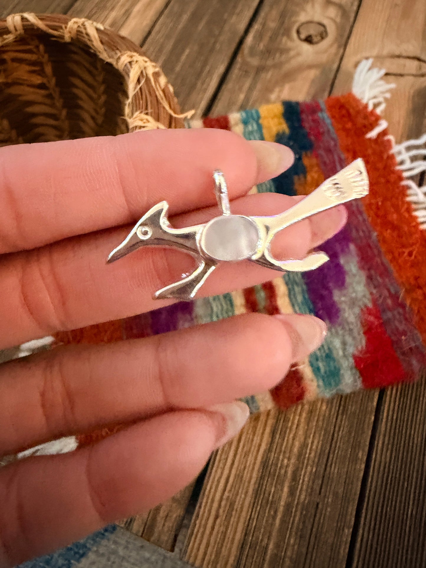 Handcrafted Sterling Silver & Mother of Pearl Road Runner Pendant by Joseph Martinez