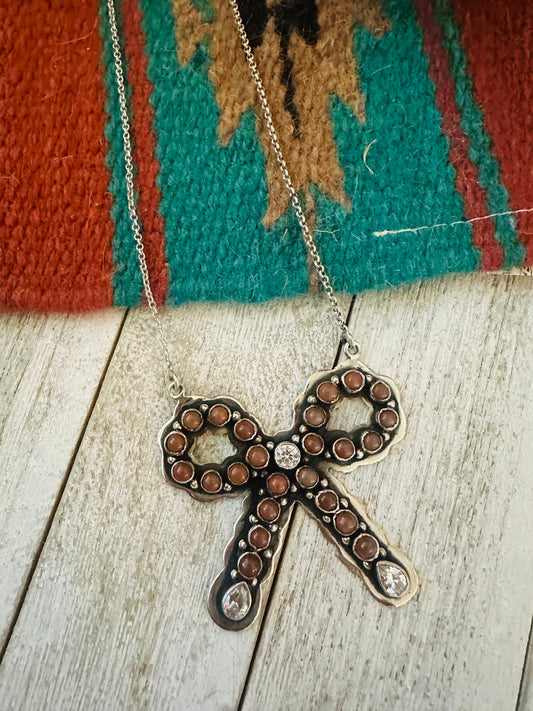 ** Christmas Collection ** Handmade Sterling Silver, Mother of Pearl & CZ Bow Necklace Signed Nizhoni
