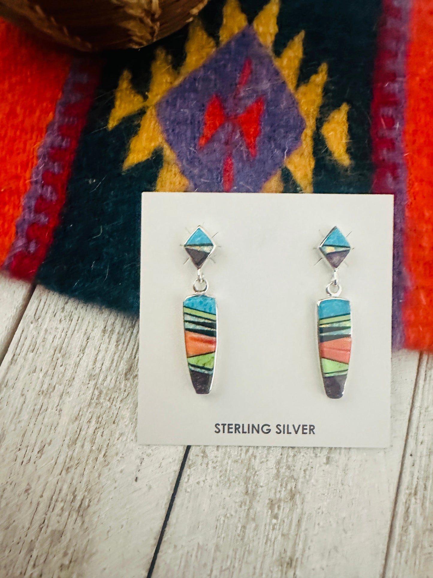 Handcrafted Multi Stone & Sterling Silver Inlay Dangle Earrings