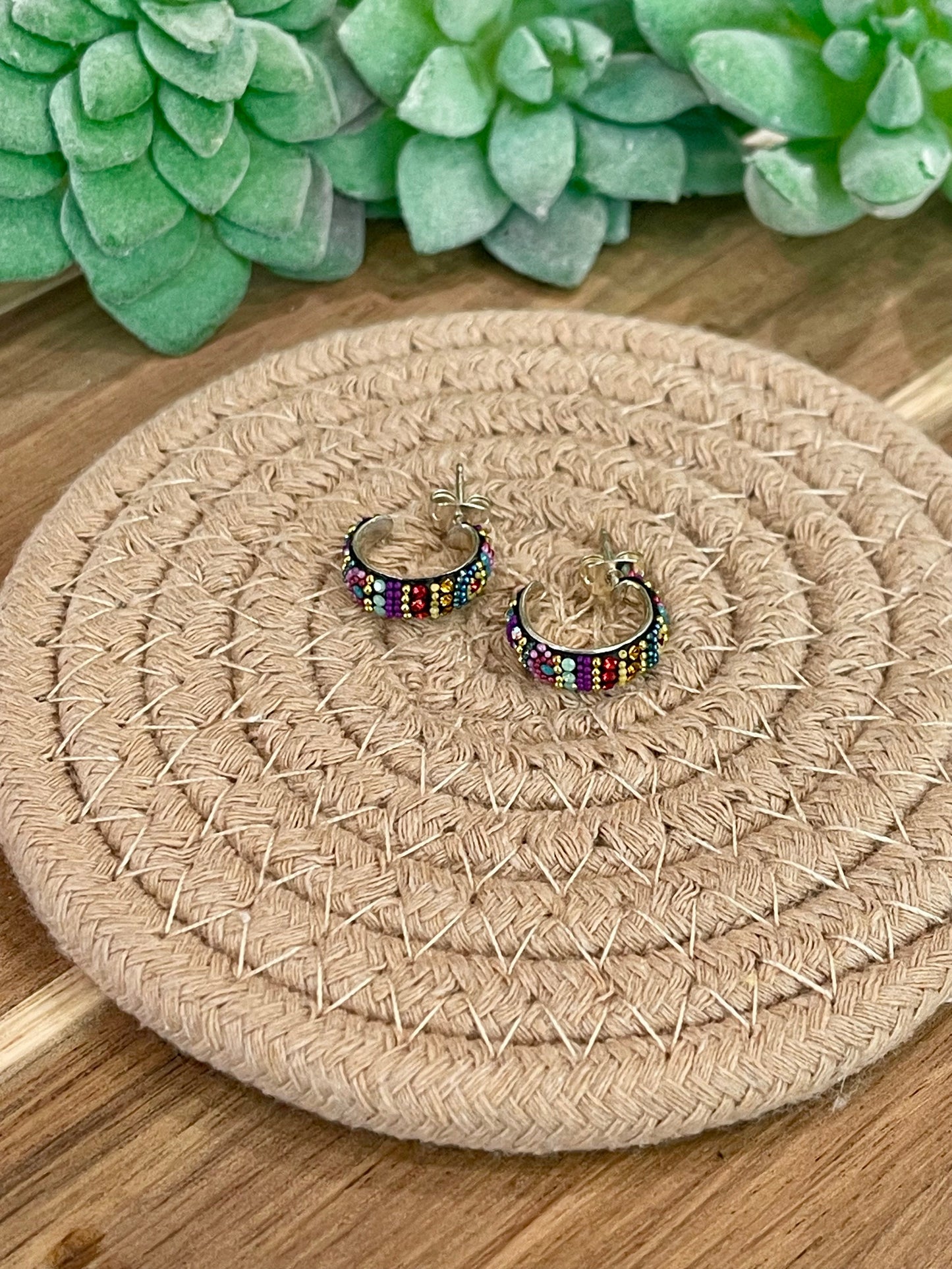 Handmade In Mexico Sterling Silver  , Multi Color Swarovski Crsytal Hoop Earrings