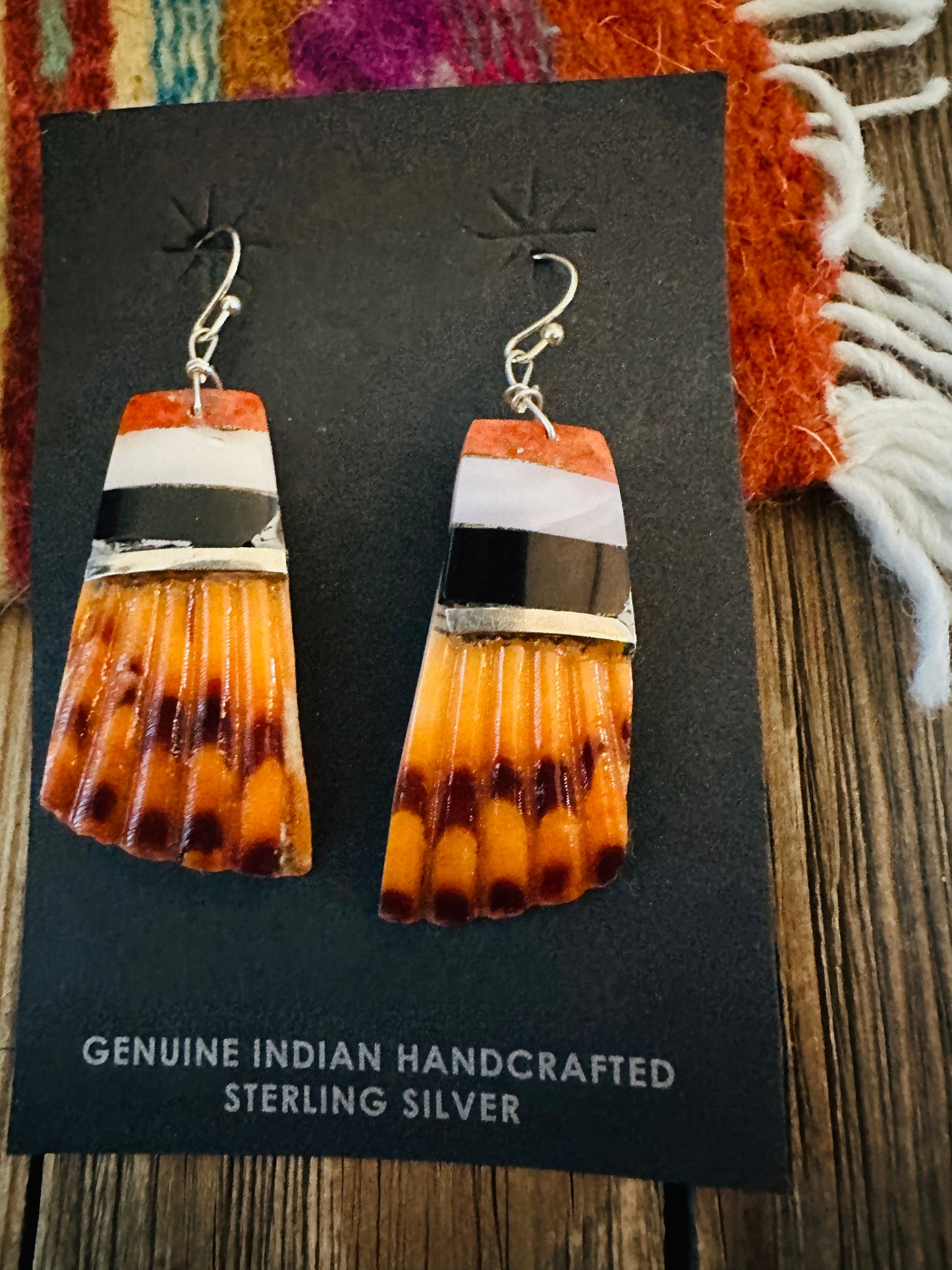Handcrafted Multi Stone Inlay & Shell Dangle Earrings