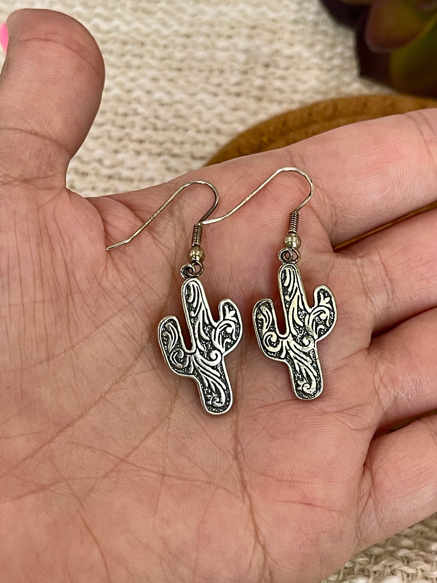 Old Pawn Handmade Sterling Silver Cactus Dangle Earrings