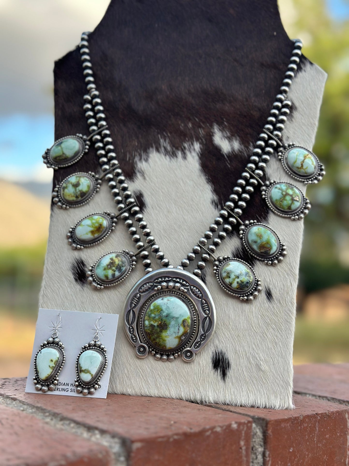 Handcrafted Sterling Silver & Palomino Turquoise Squash Blossom Necklace and Earring Set