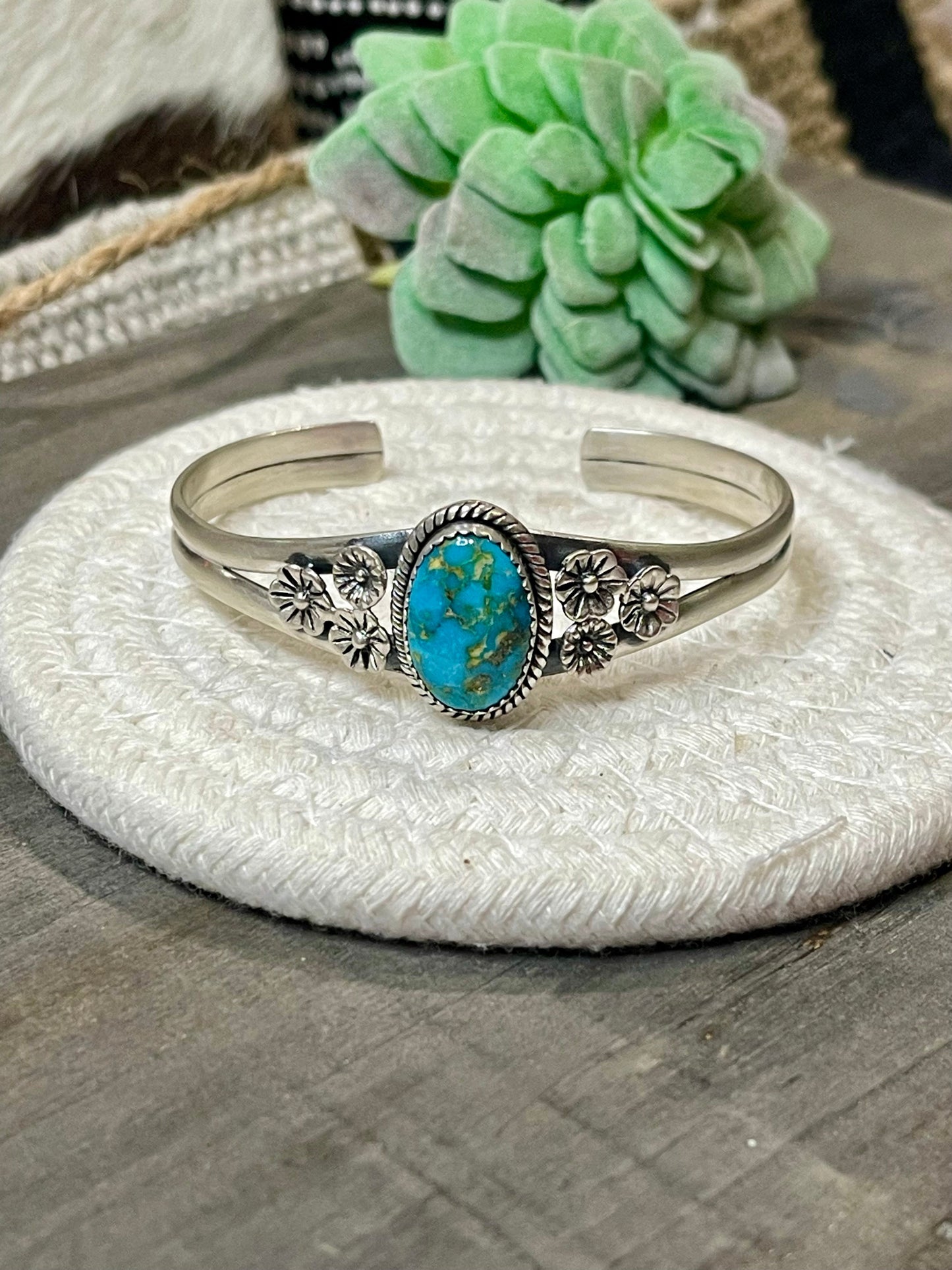 Handmade Sterling Silver Emerald Valley Turquoise Adjustable Stone Oval Stone Cuff