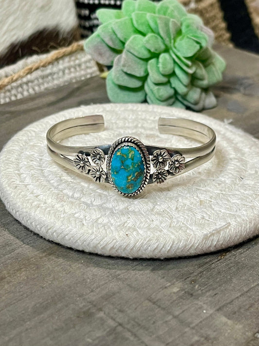 Handmade Sterling Silver Emerald Valley Turquoise Adjustable Stone Oval Stone Cuff