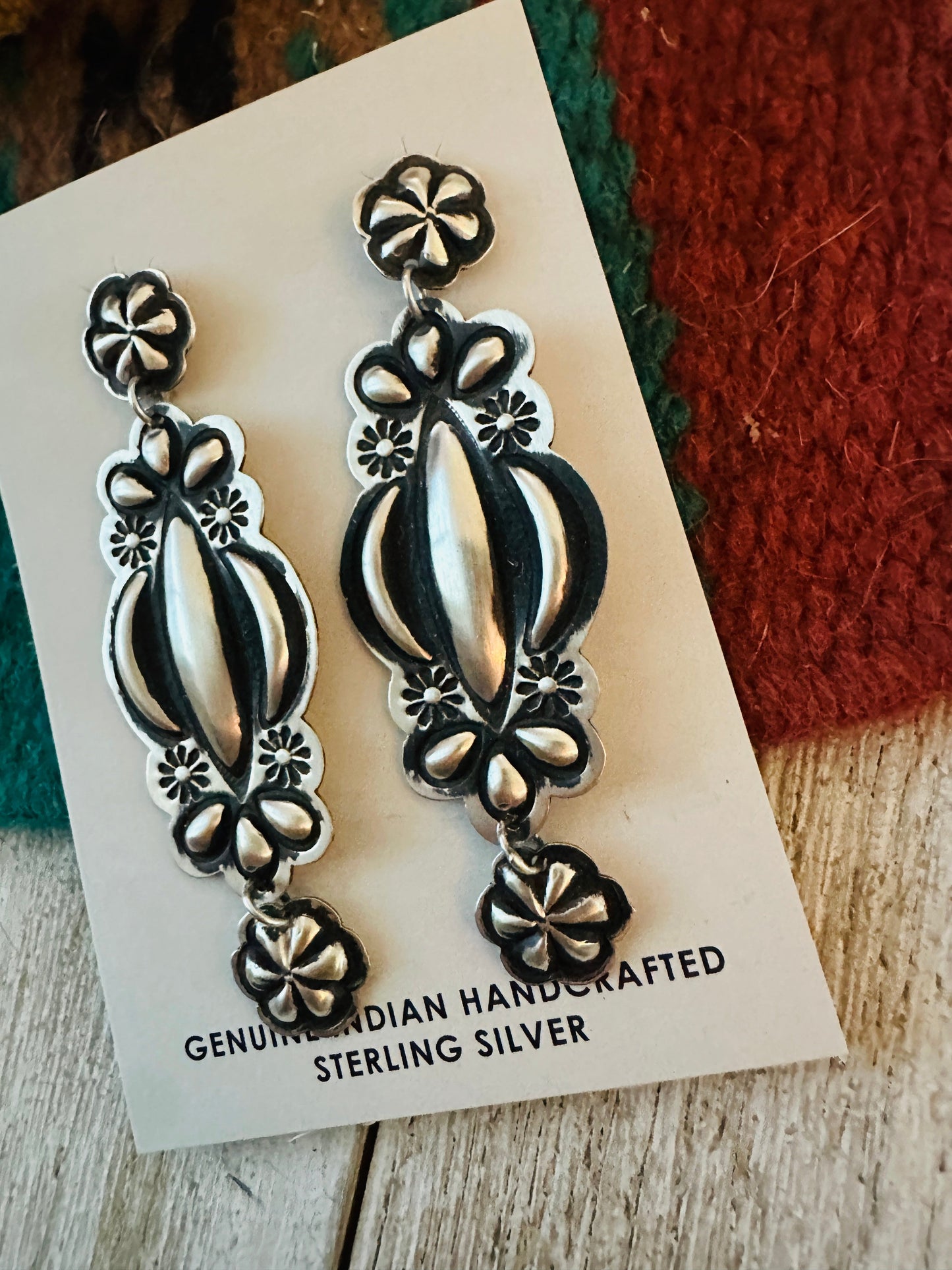 Handcrafted Hand Stamped Sterling Silver Concho Dangle Earrings by Leander Tahe