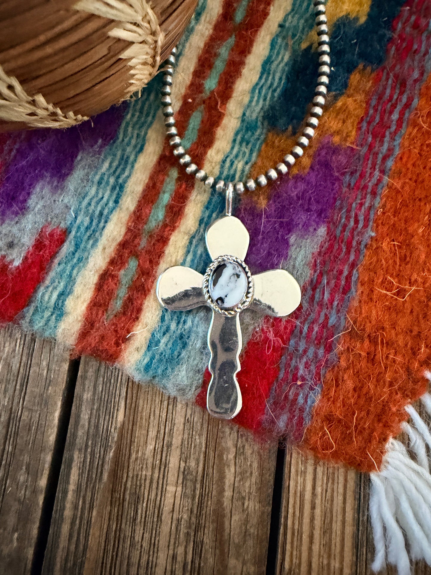 Handcrafted Sterling Silver & White Buffalo Cross Pendant by Joseph Martinez