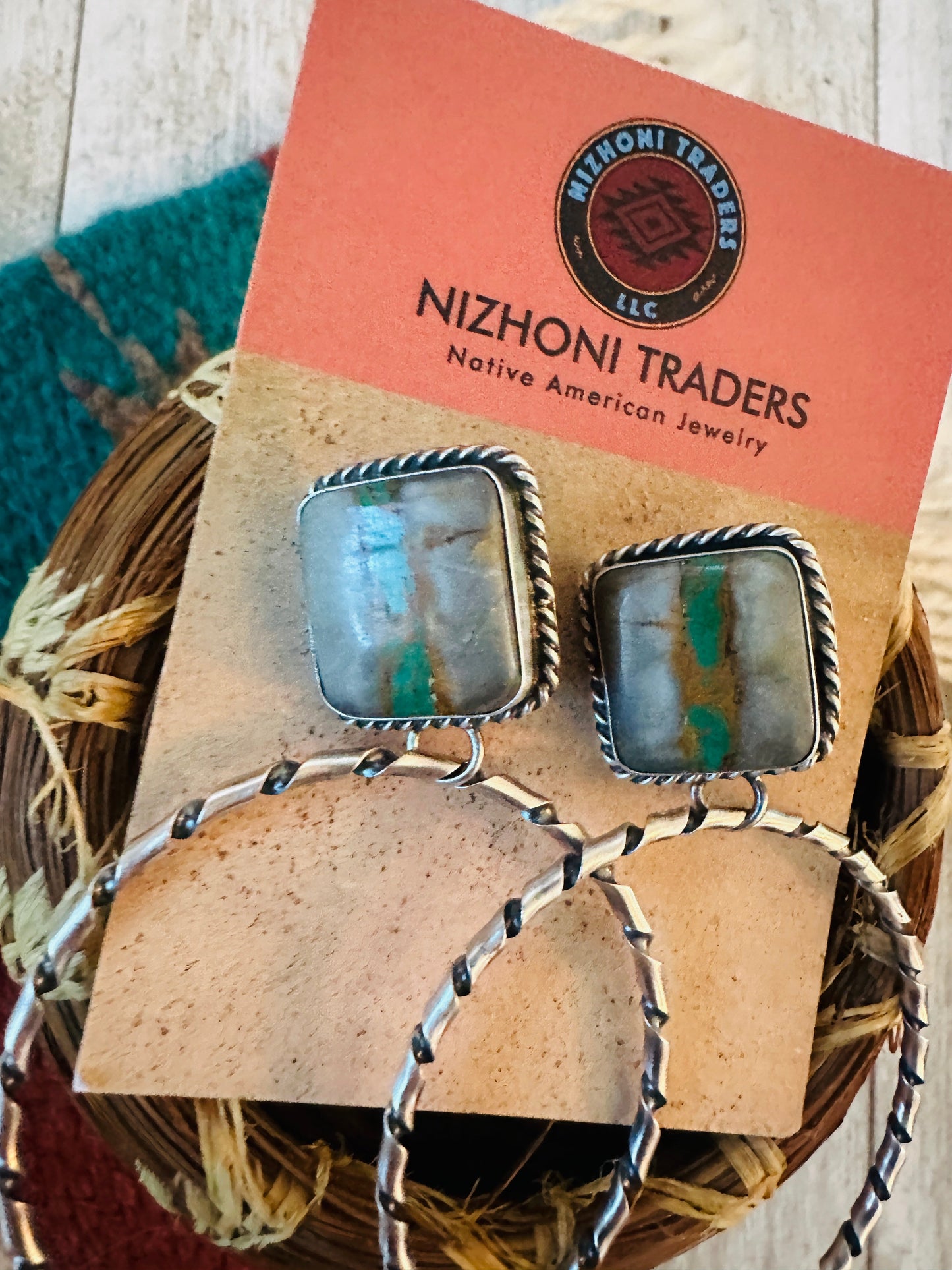 Handcrafted Ribbon Turquoise and Sterling Silver Dangle Hoop Earrings
