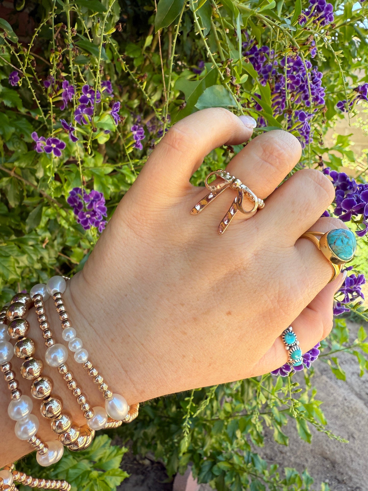 “The Golden Collection” THE BOW Handmade Gold Plated Beaded Stretch Ring