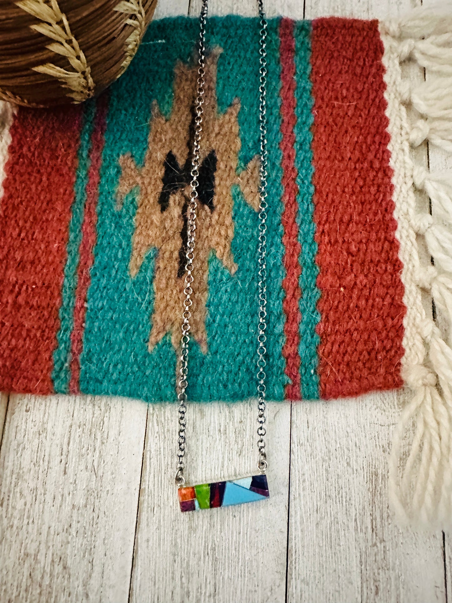 Handcrafted Multi Stone & Sterling Silver Inlay Bar Necklace