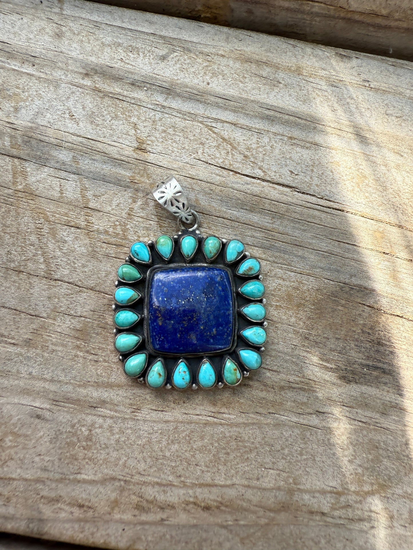 Handmade Stering Silver, Lapis & Kingman Turquoise Square Pendant